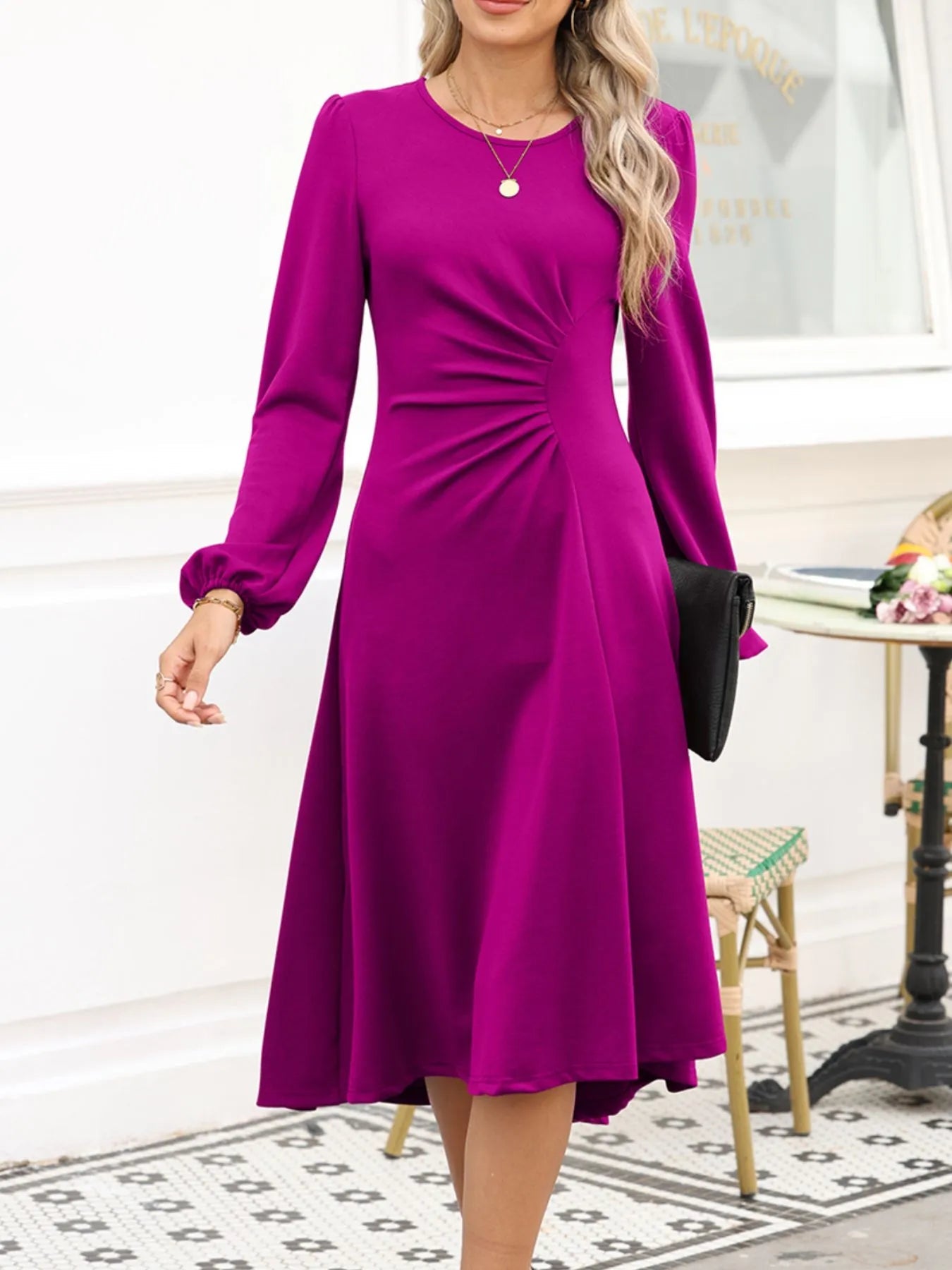 Solid Color Ruched Detail Long Sleeve Midi Dress - Flip Flop Dynasty