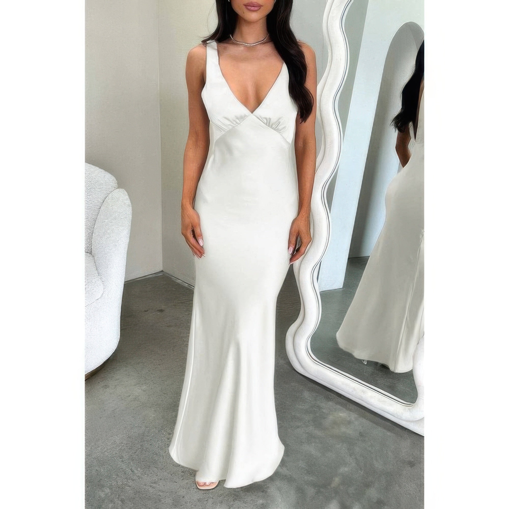 Solid Deep V Neck Low Back High Waist Full Dress - Flip Flop Dynasty
