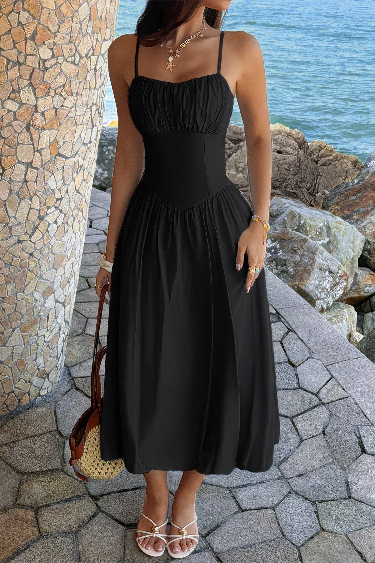 Solid Sleeveless Ruched Bust A Line Dress - Flip Flop Dynasty