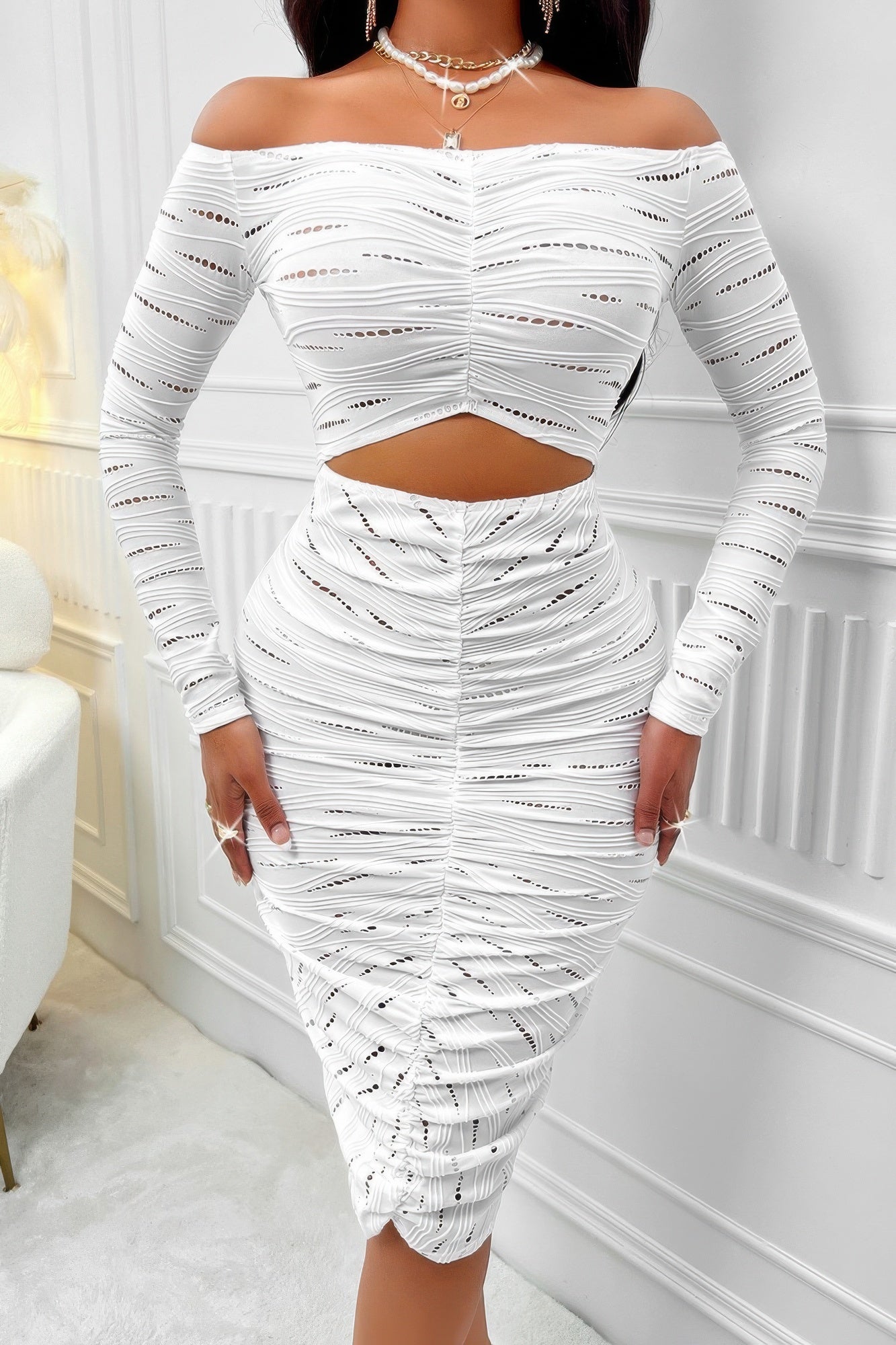 Solid Straight Shoulder Cutout Midi Dress - Flip Flop Dynasty