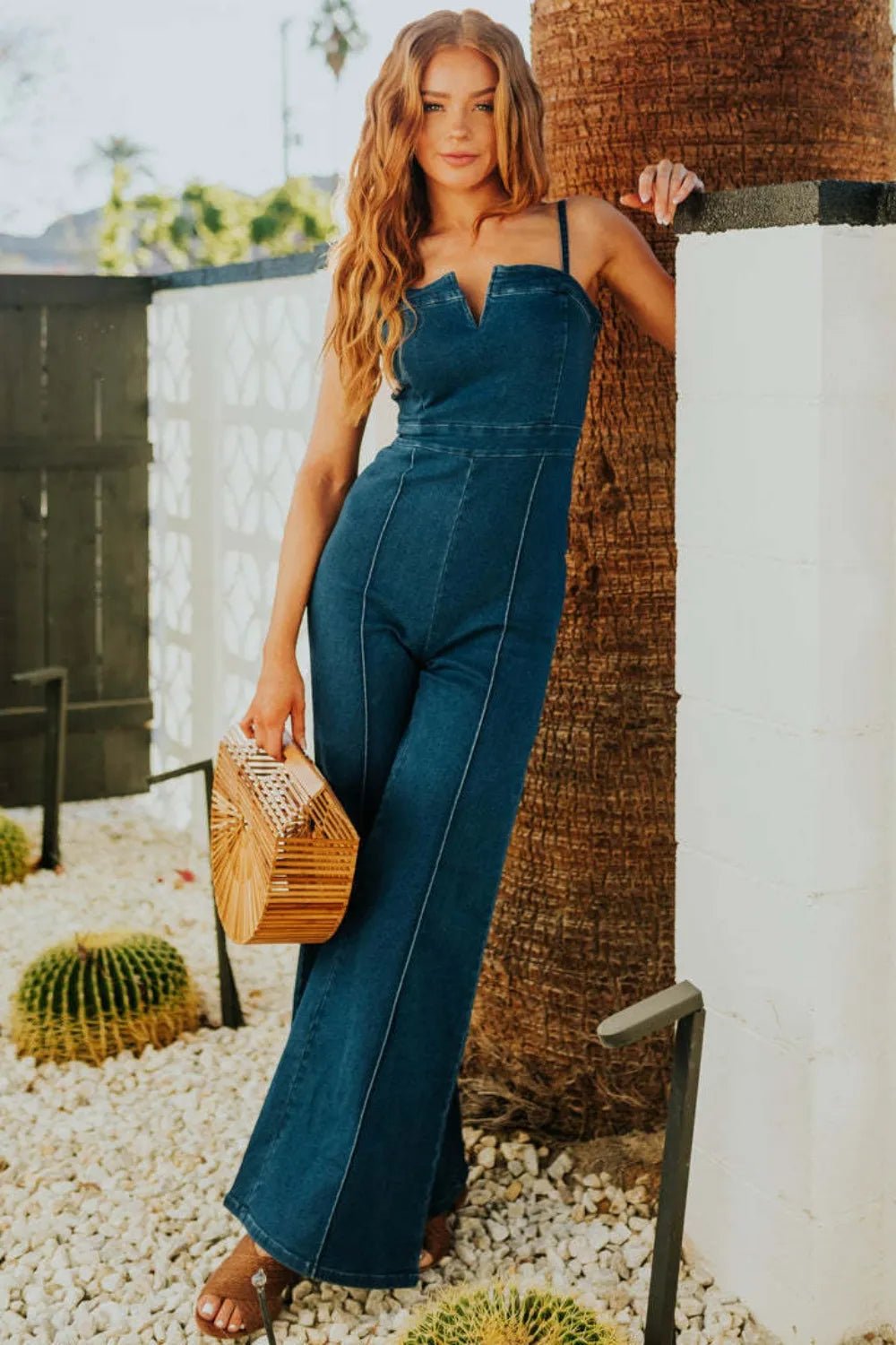 Spaghetti Strap Wide Leg Denim Jumpsuit - Flip Flop Dynasty