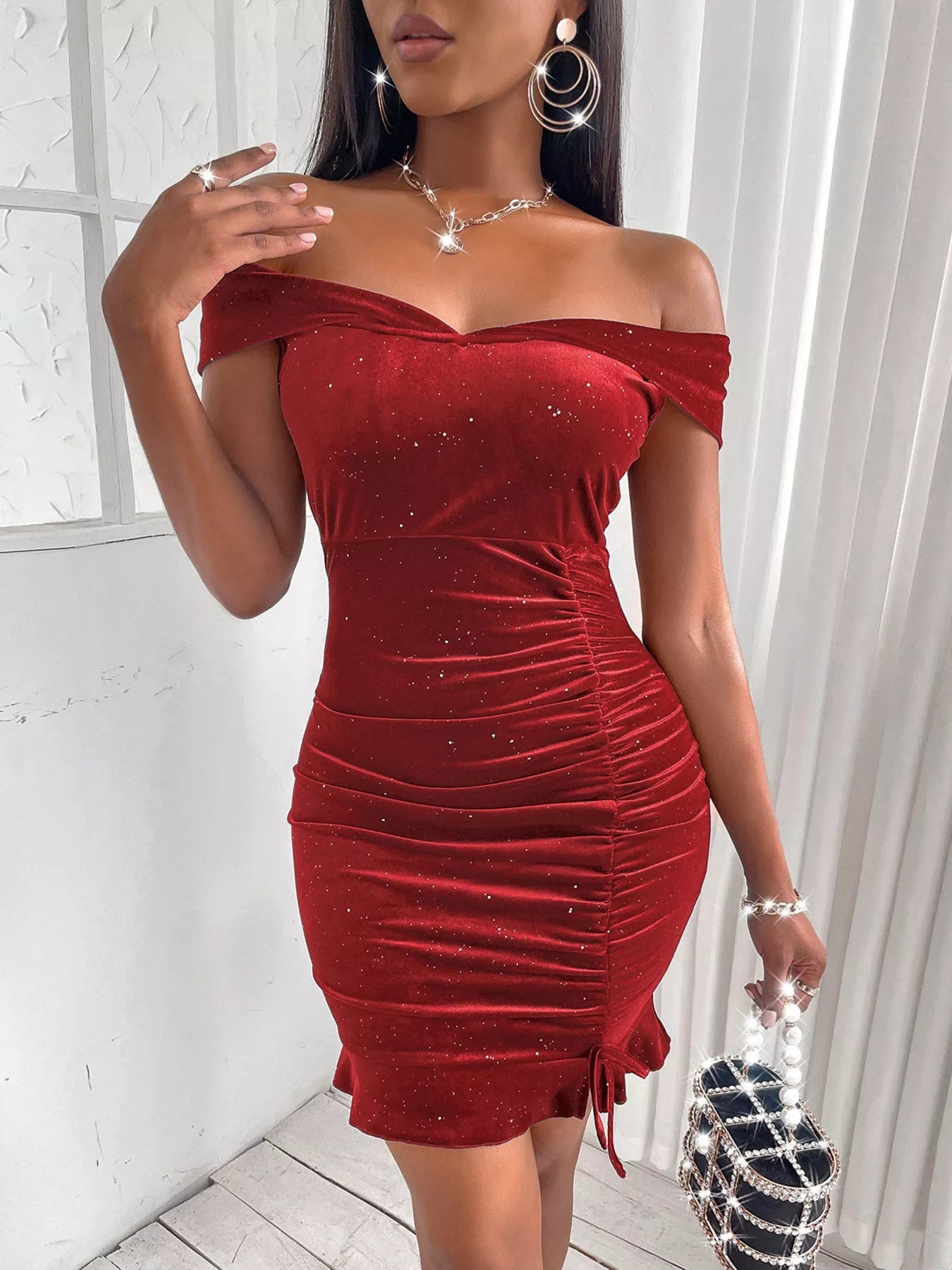 red velvet off the shoulder bodycon dress Sparkly Off-Shoulder Ruched hugging silhouette enhances your Spring25 D1 Ribbed Cutout Ruched Bodycon Color:Black-Cream