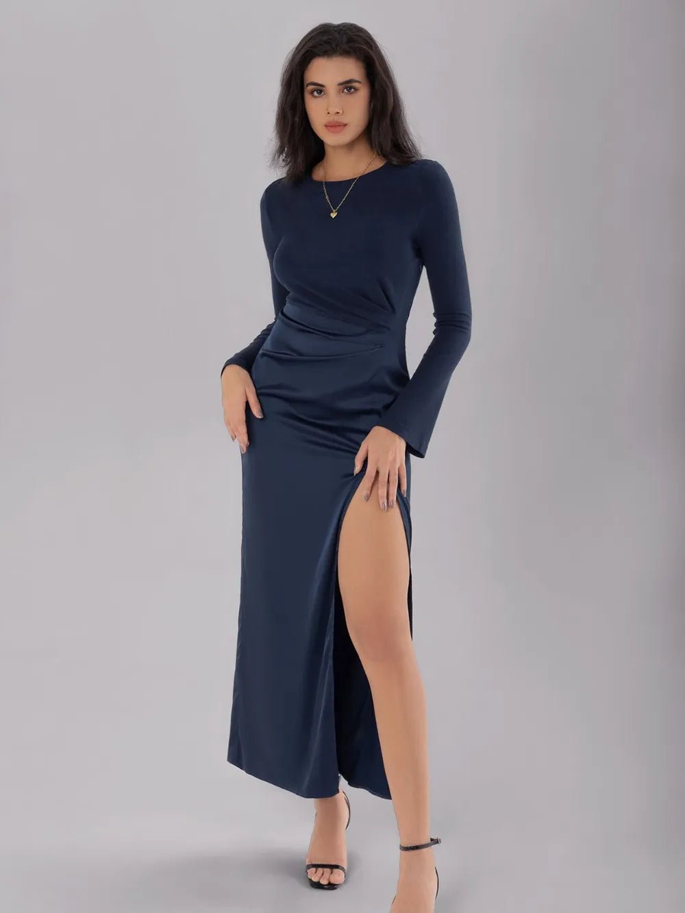 Split Round Neck Long Sleeve Midi Dress - Flip Flop Dynasty