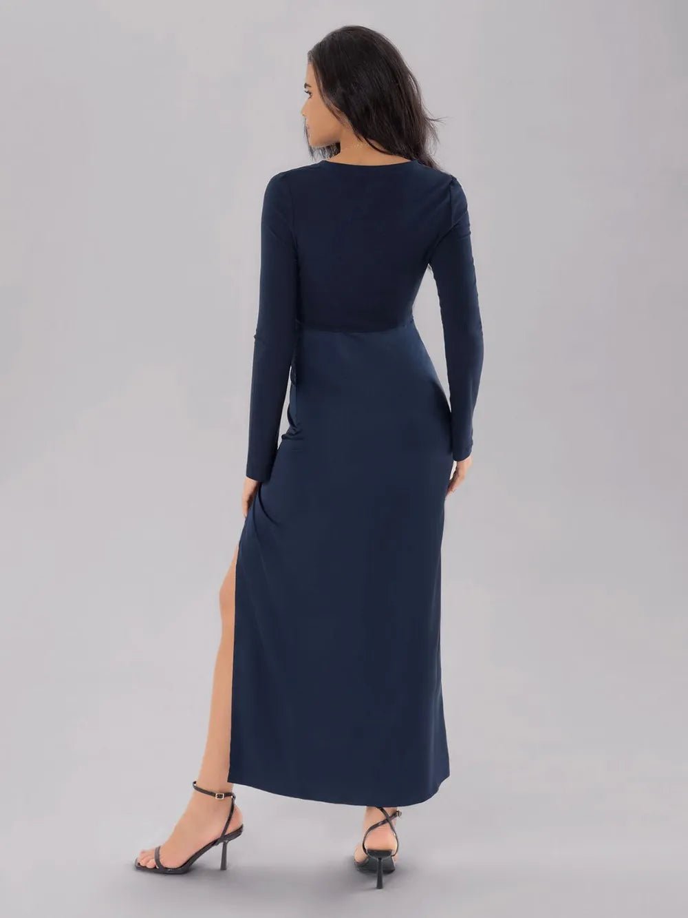 Split Round Neck Long Sleeve Midi Dress - Flip Flop Dynasty