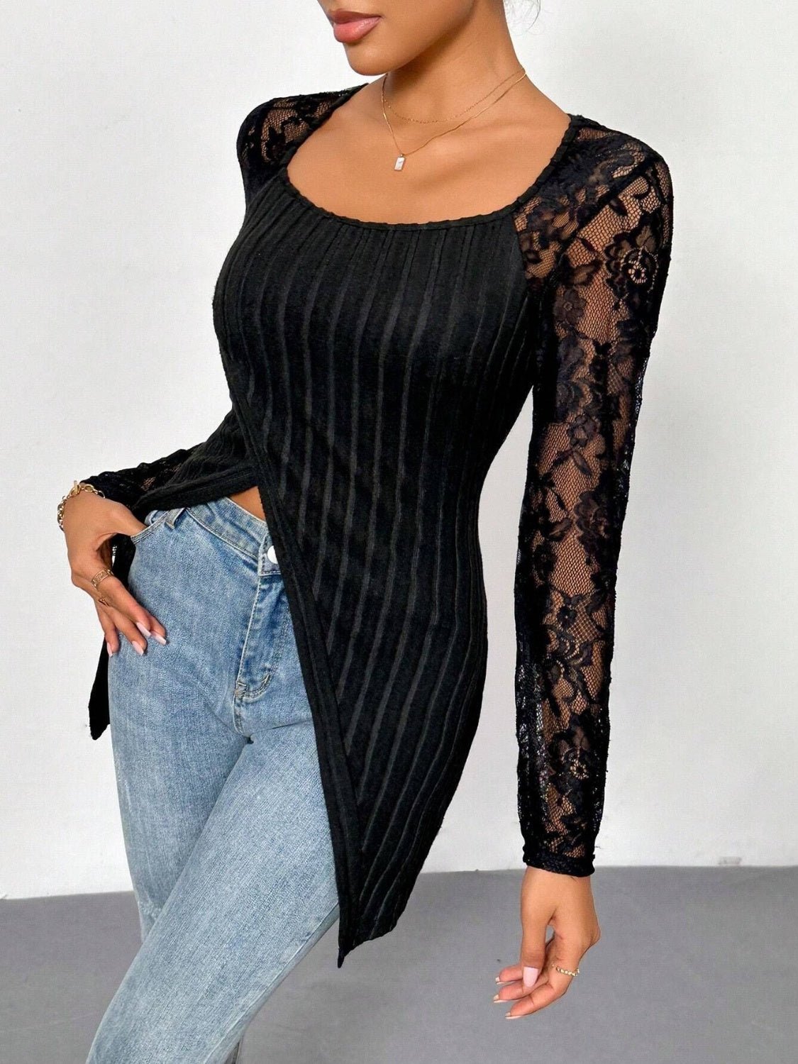 Square Neck Lace Patchwork Long Sleeve T-Shirt - Flip Flop Dynasty