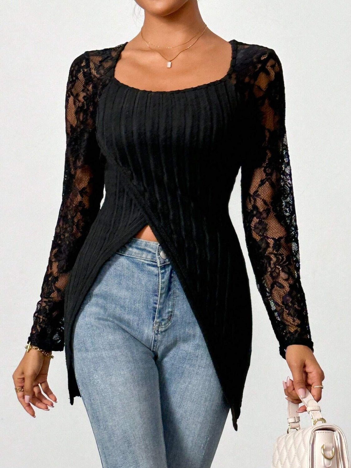 Square Neck Lace Patchwork Long Sleeve T-Shirt - Flip Flop Dynasty