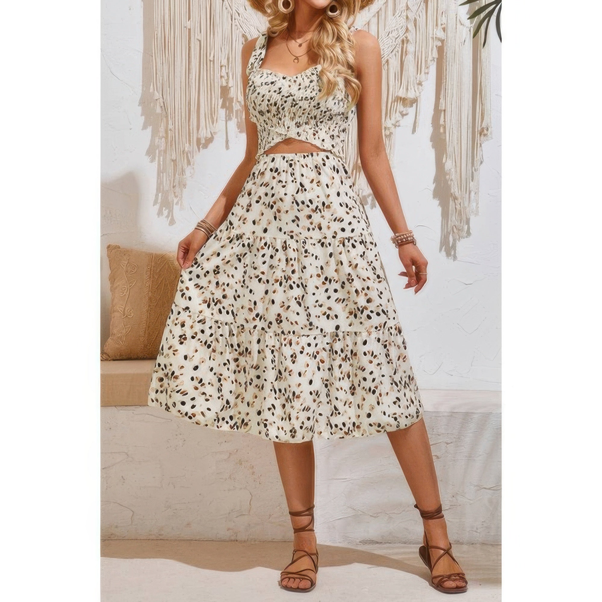 Square Neck Leopard Cut Out Elastic Waist Dress - Flip Flop Dynasty