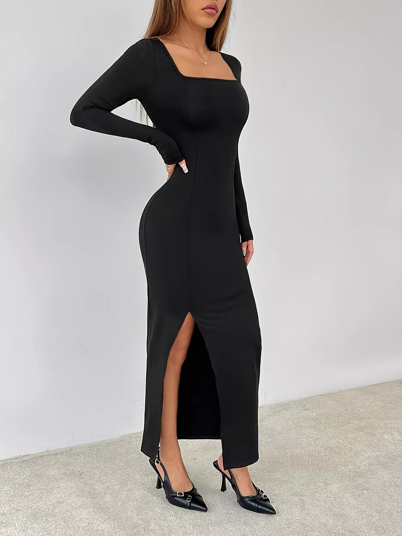 Square Neck Long Sleeve Slit Bodycon Maxi Dress - Flip Flop Dynasty