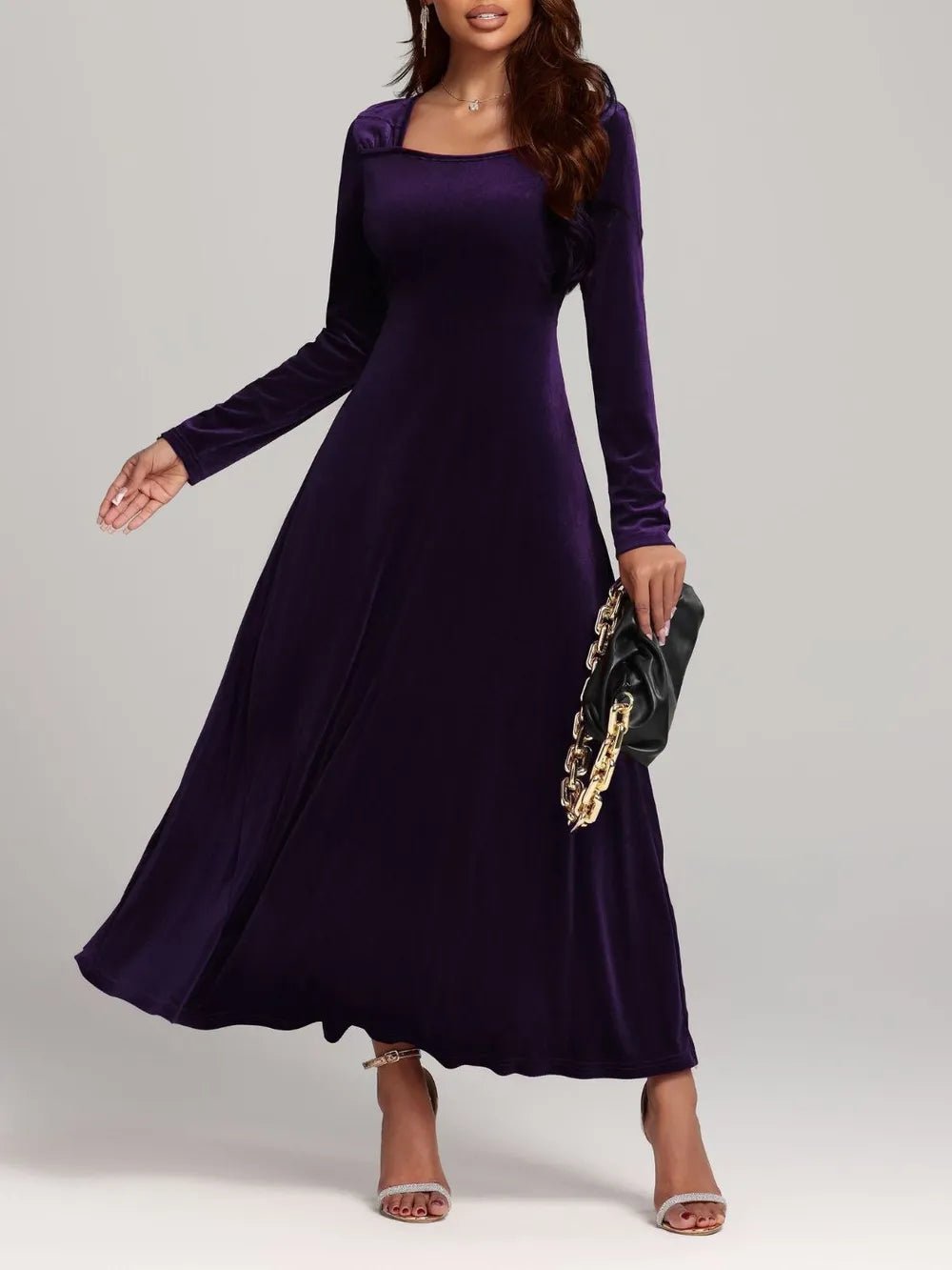 Square Neck Long Sleeve Velvet Dress - Flip Flop Dynasty