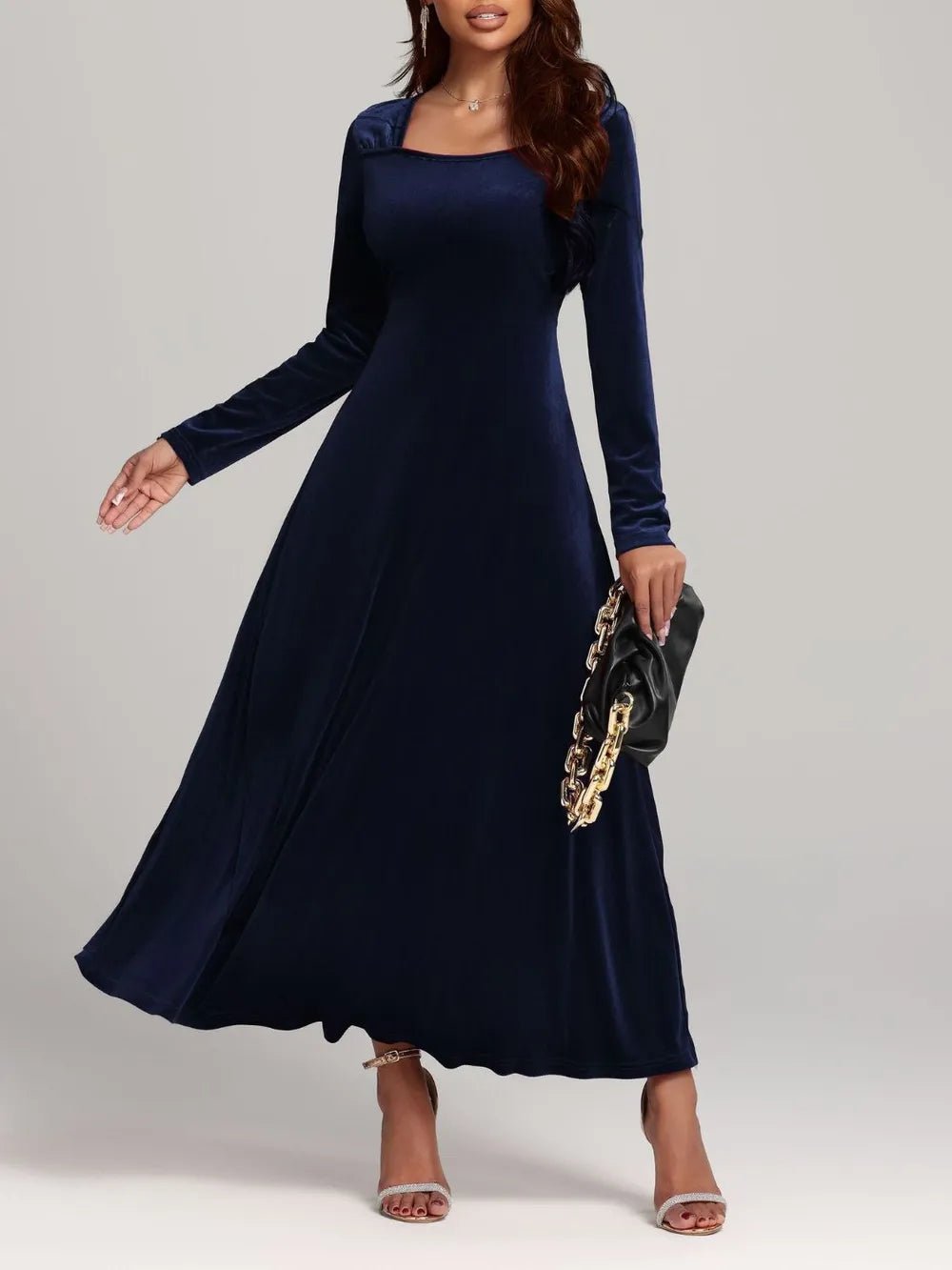 Square Neck Long Sleeve Velvet Dress - Flip Flop Dynasty