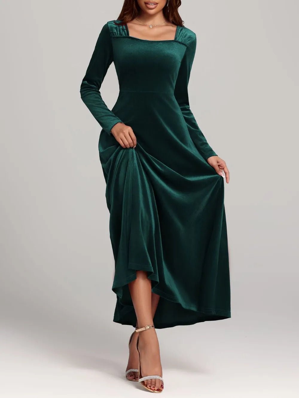 Square Neck Long Sleeve Velvet Dress - Flip Flop Dynasty