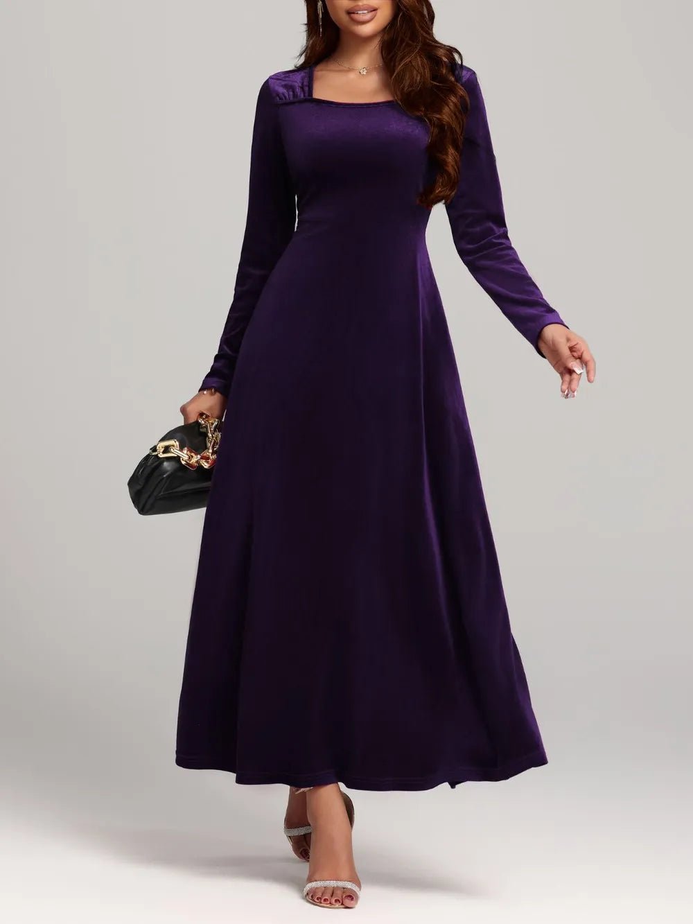 Square Neck Long Sleeve Velvet Dress - Flip Flop Dynasty