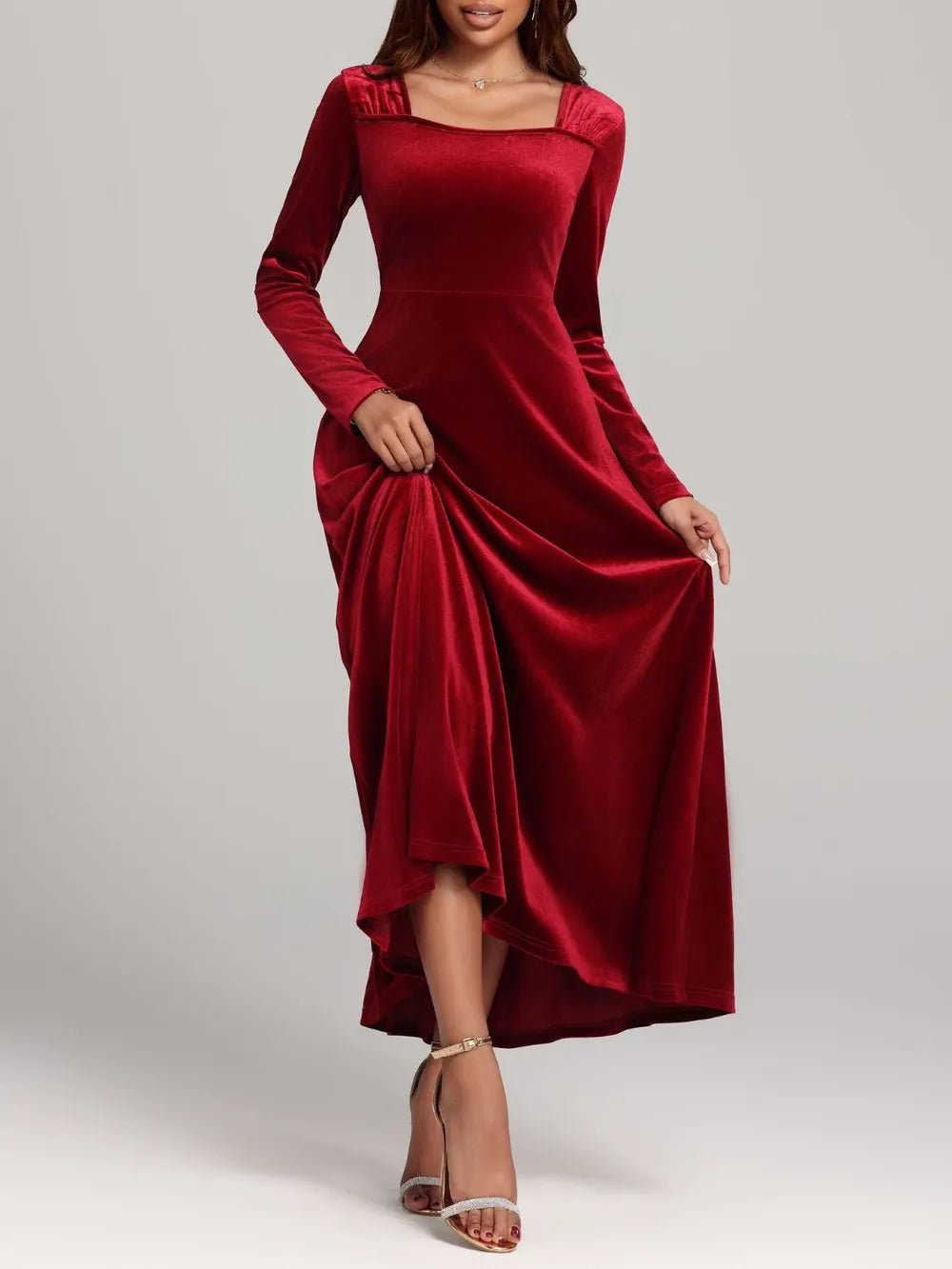 Square Neck Long Sleeve Velvet Dress - Flip Flop Dynasty