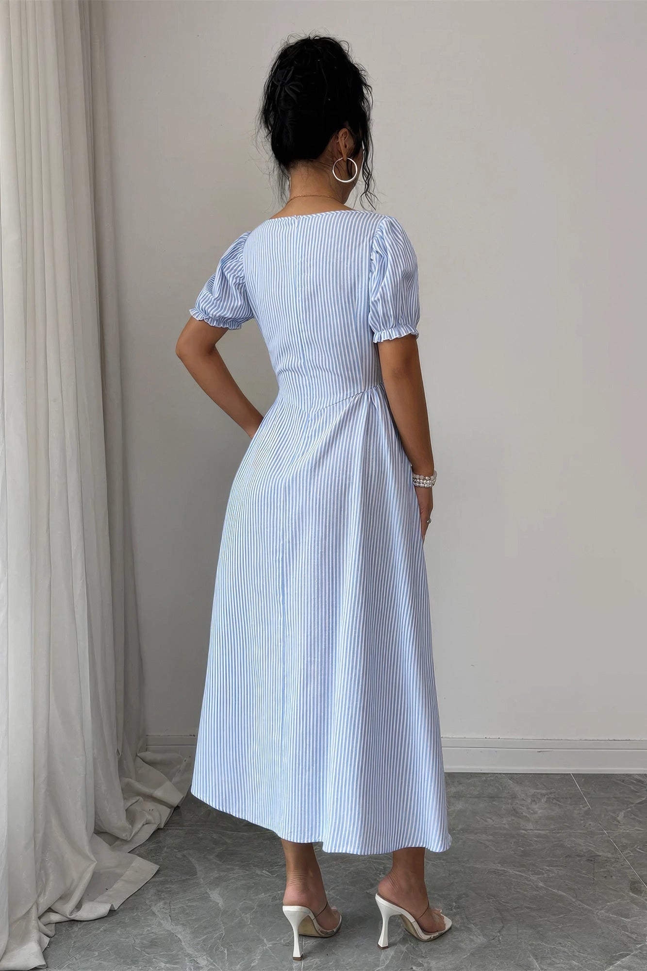 Square Neck Puff Sleeve Backless Bow Tied Striped Flowy Dress - Flip Flop Dynasty