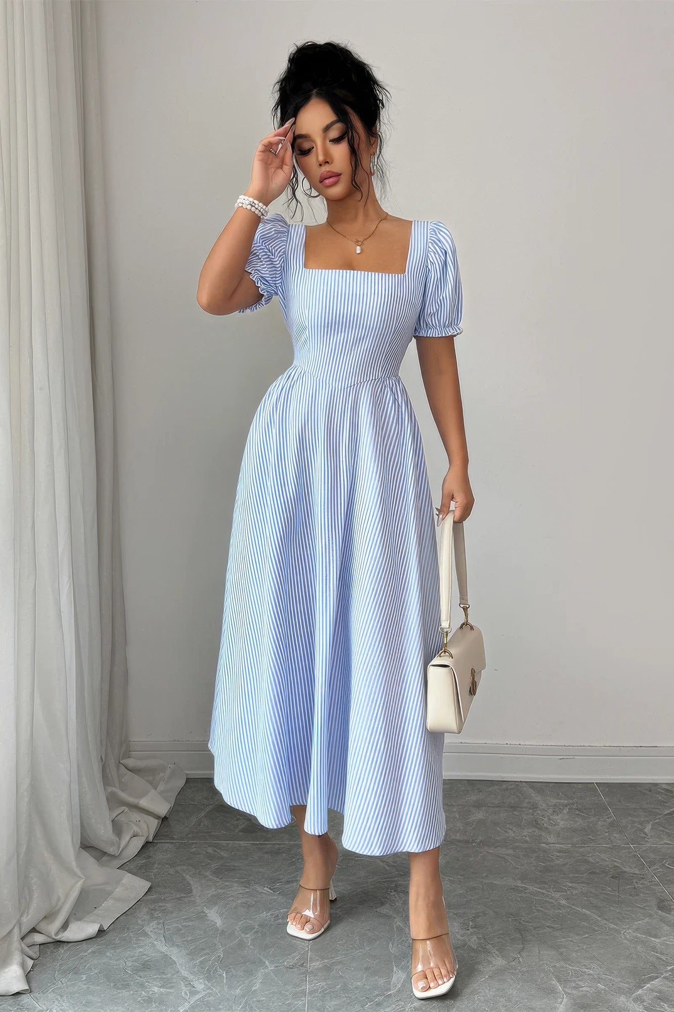 Square Neck Puff Sleeve Backless Bow Tied Striped Flowy Dress - Flip Flop Dynasty
