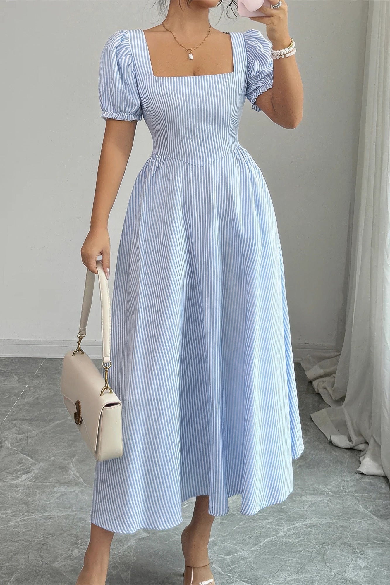 Square Neck Puff Sleeve Backless Bow Tied Striped Flowy Dress - Flip Flop Dynasty