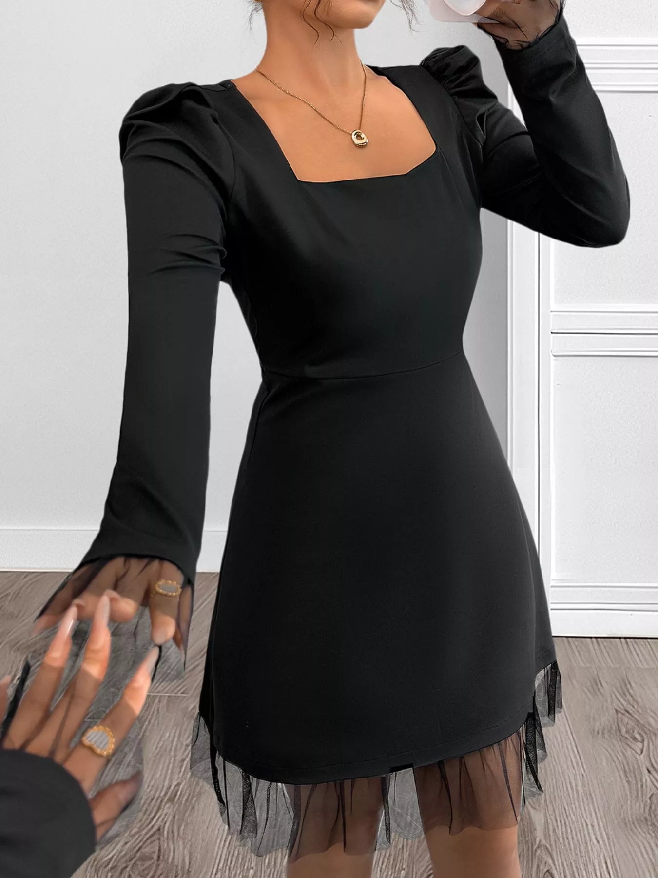 Square Neck Puff Sleeve Mesh Hem Dress - Flip Flop Dynasty