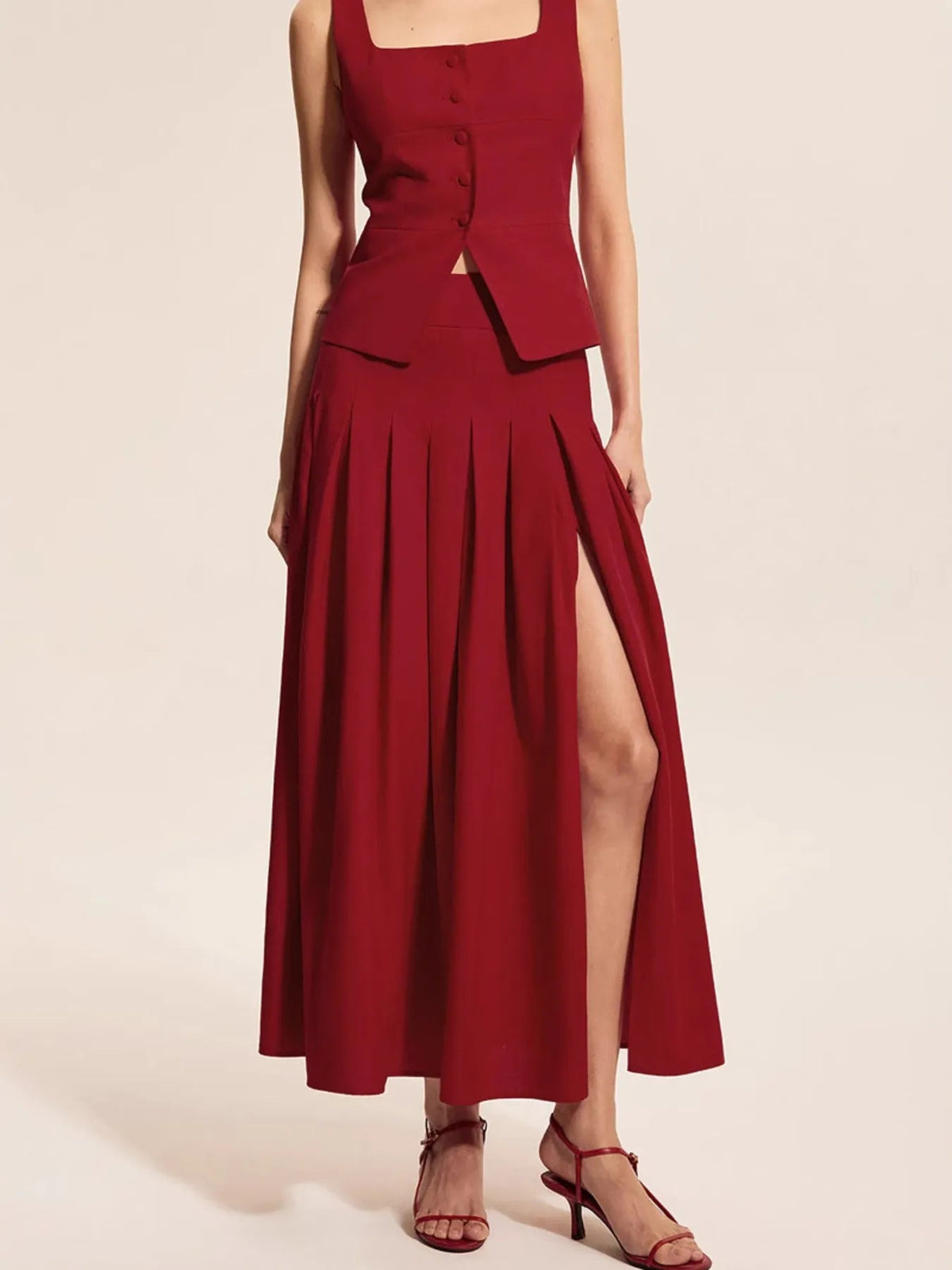 Square Neck Tank and Pleated Slit Skirt Set - Flip Flop Dynasty
