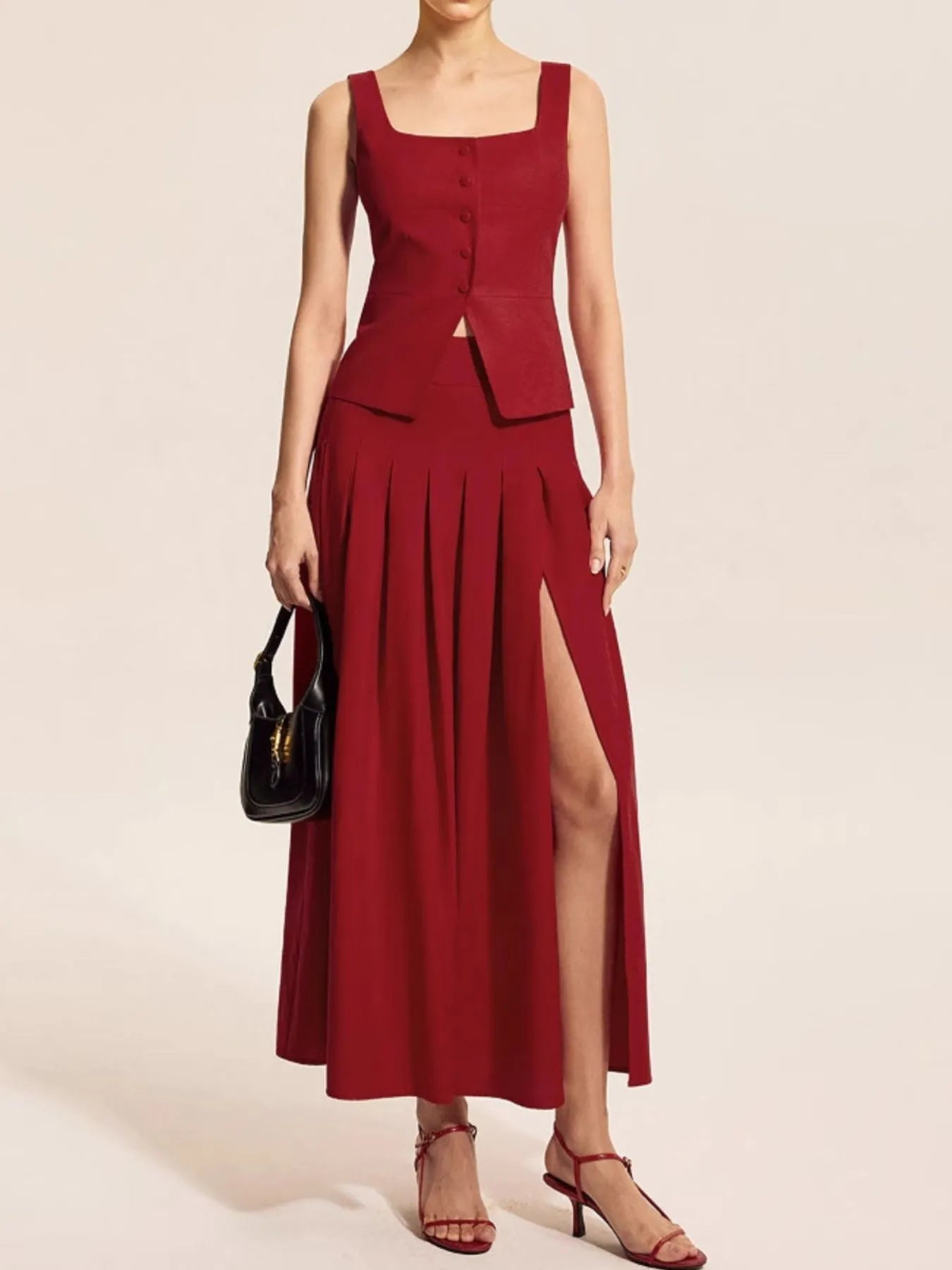 Square Neck Tank and Pleated Slit Skirt Set - Flip Flop Dynasty