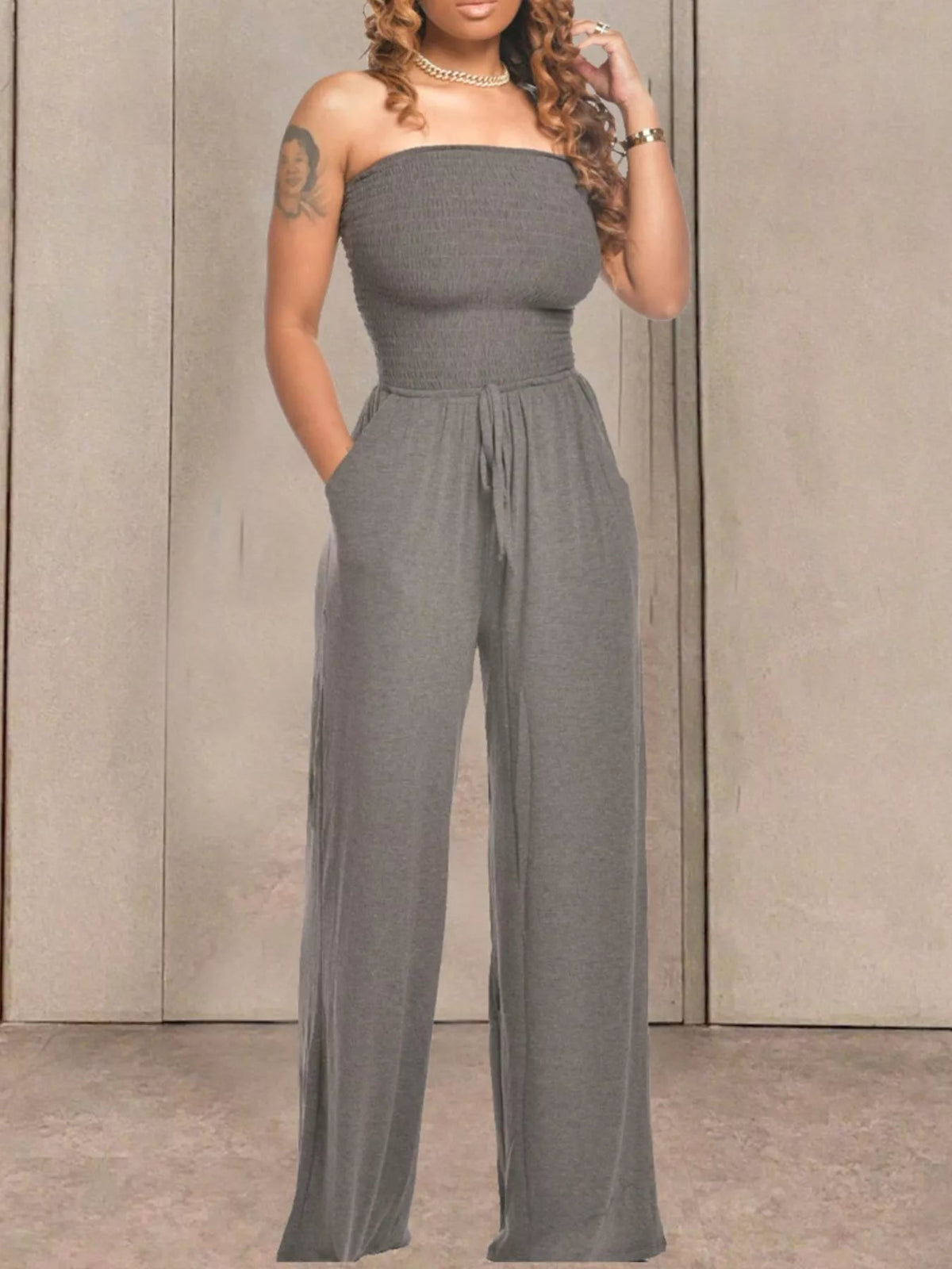 Strapless Smocked Wide-Leg Jumpsuit - Flip Flop Dynasty