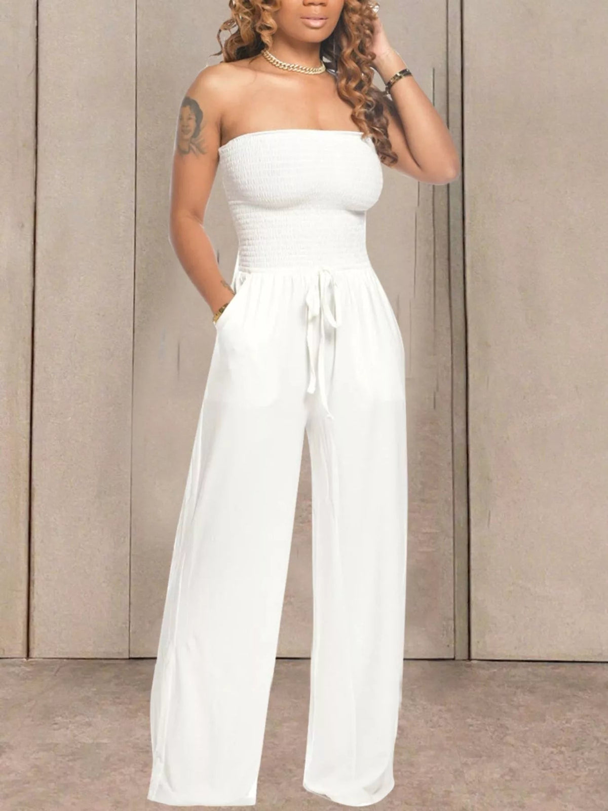 Strapless Smocked Wide-Leg Jumpsuit - Flip Flop Dynasty