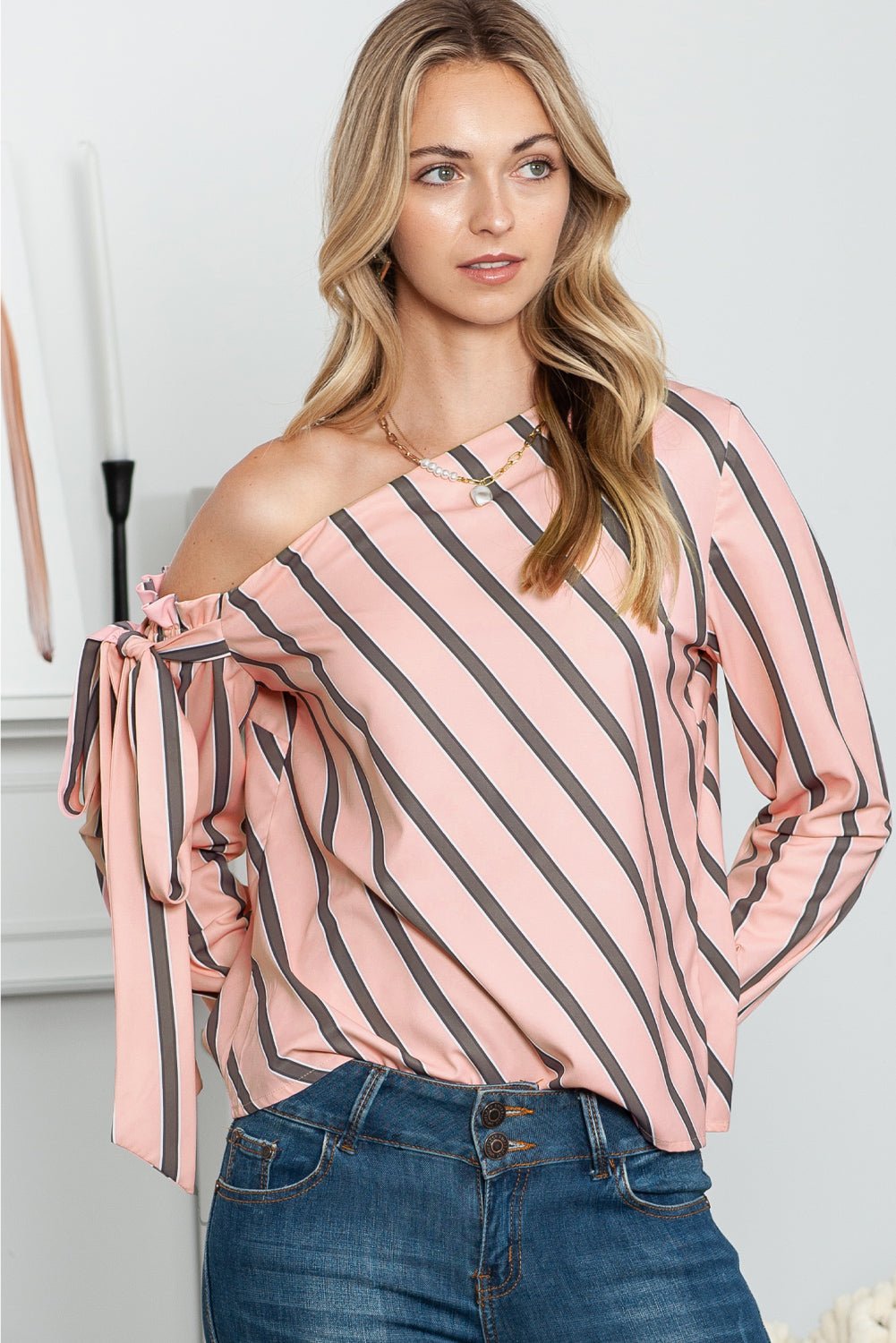 Striped Asymmetrical Long Sleeve Blouse - Flip Flop Dynasty