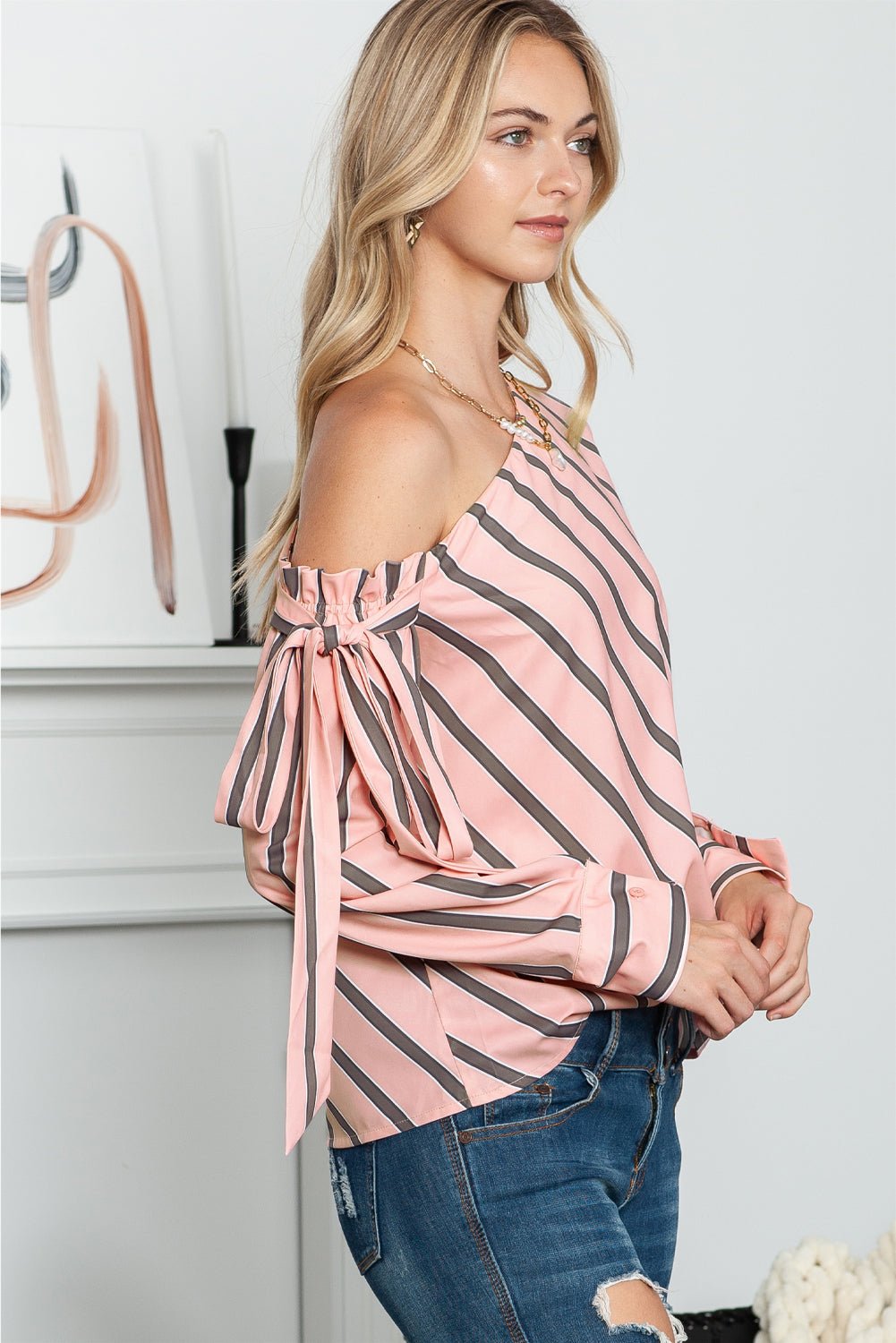 Striped Asymmetrical Long Sleeve Blouse - Flip Flop Dynasty