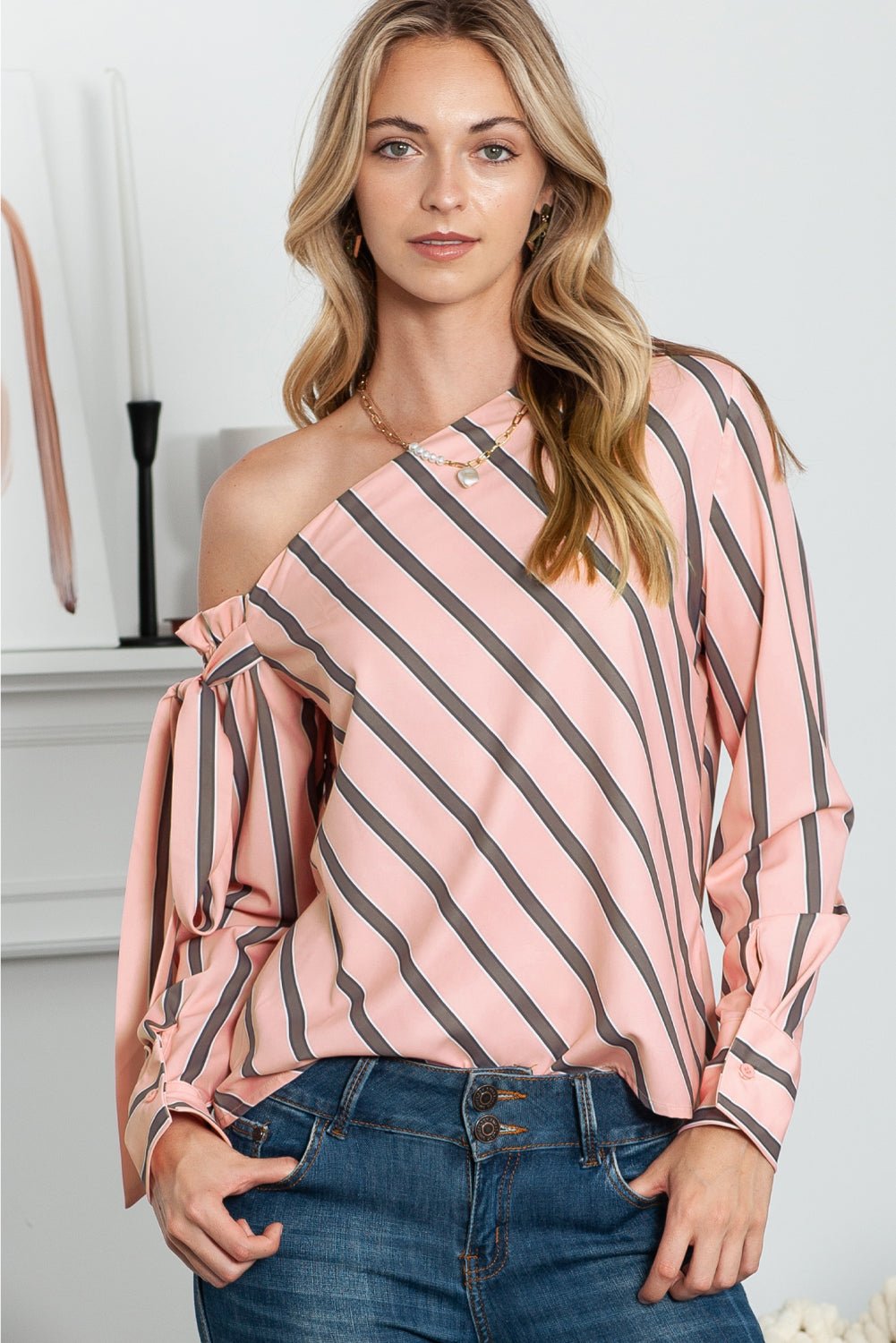 Striped Asymmetrical Long Sleeve Blouse - Flip Flop Dynasty