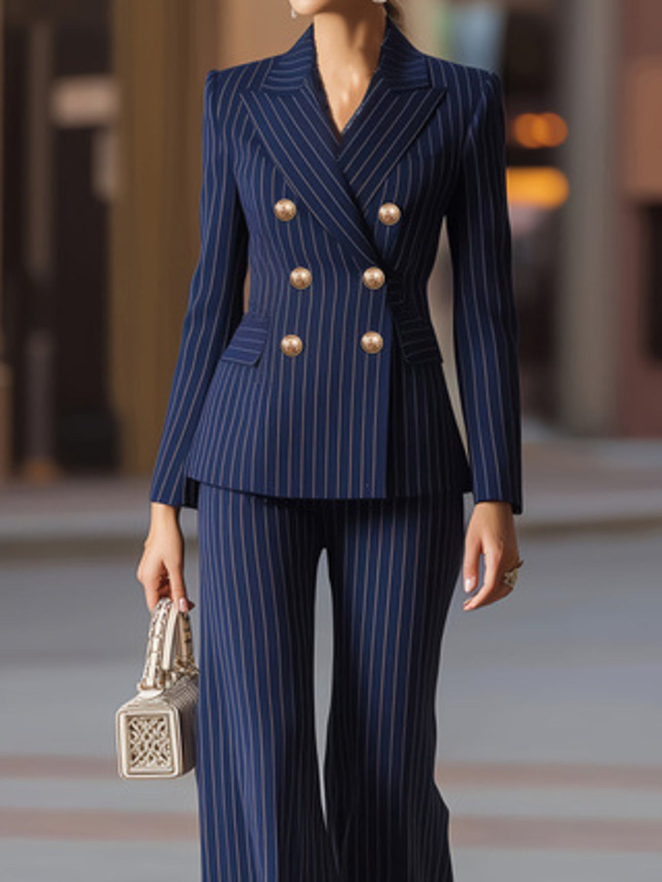Striped Double - Breasted Blazer & Wide Leg Pants Set - Flip Flop Dynasty