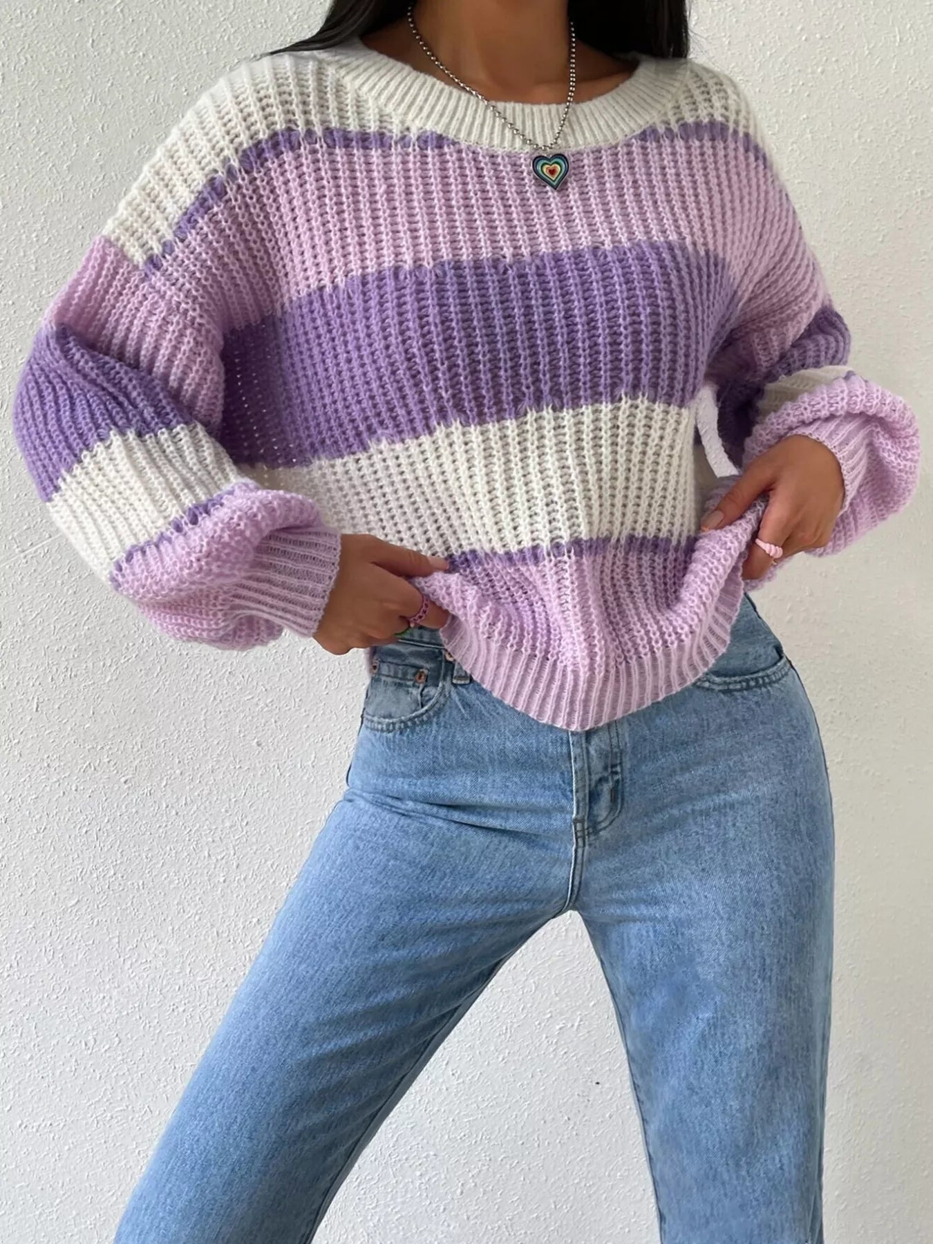 Striped Knit Round Neck Sweater - Flip Flop Dynasty