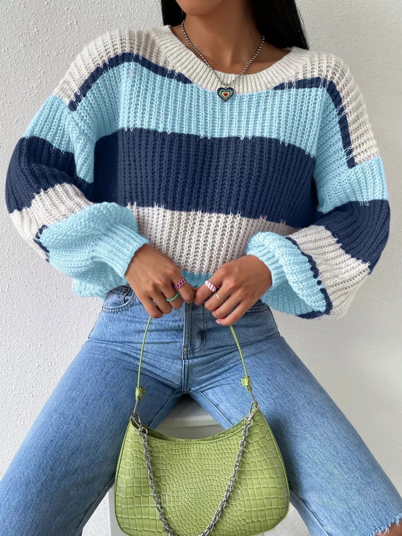 Striped Knit Round Neck Sweater - Flip Flop Dynasty