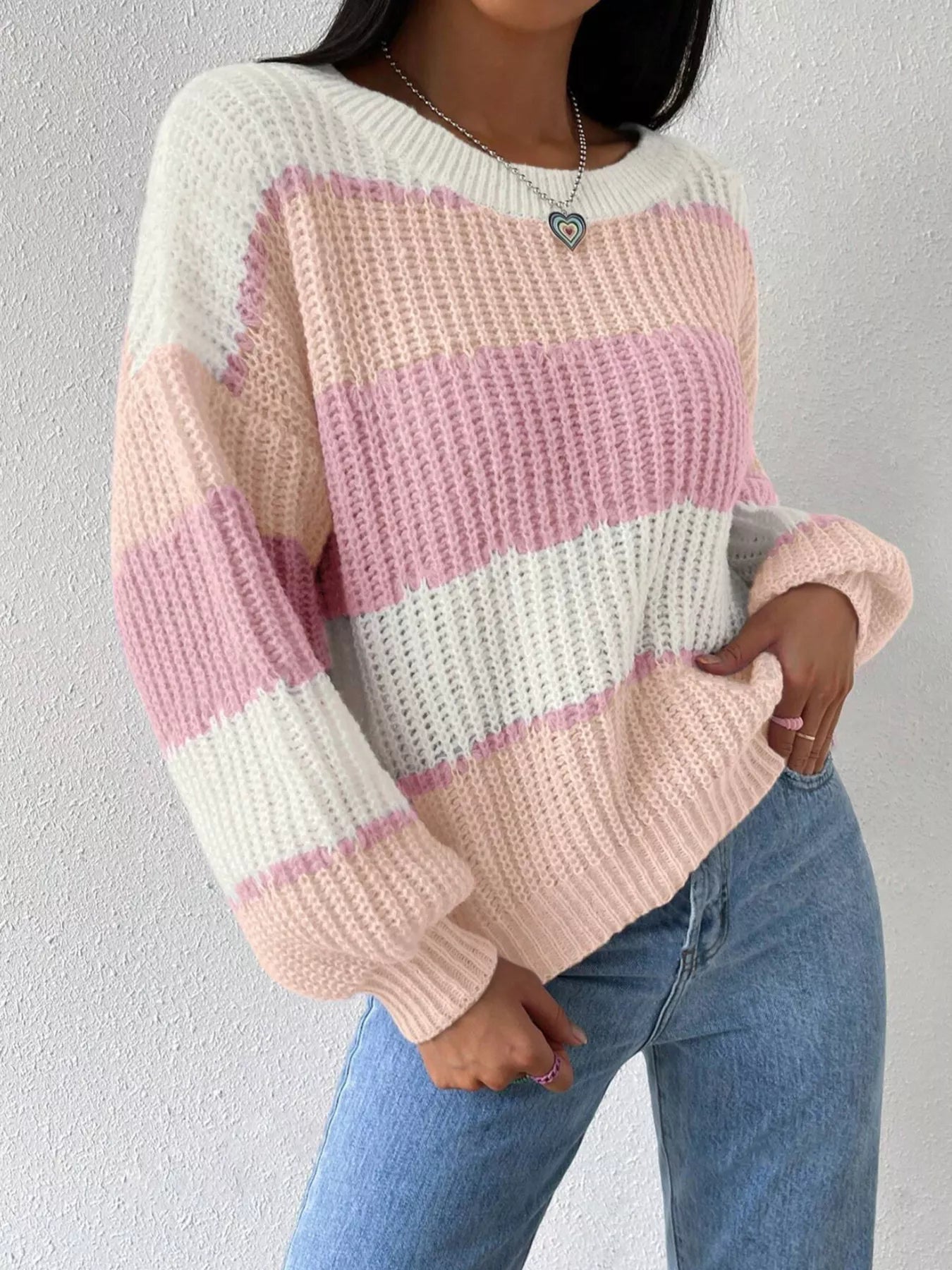 Striped Knit Round Neck Sweater - Flip Flop Dynasty