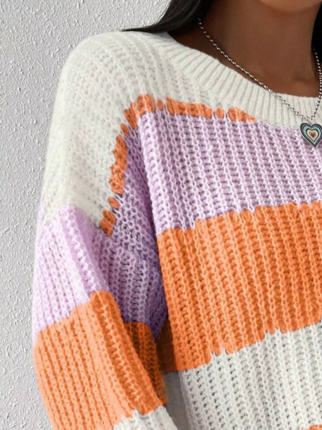 Striped Knit Round Neck Sweater - Flip Flop Dynasty