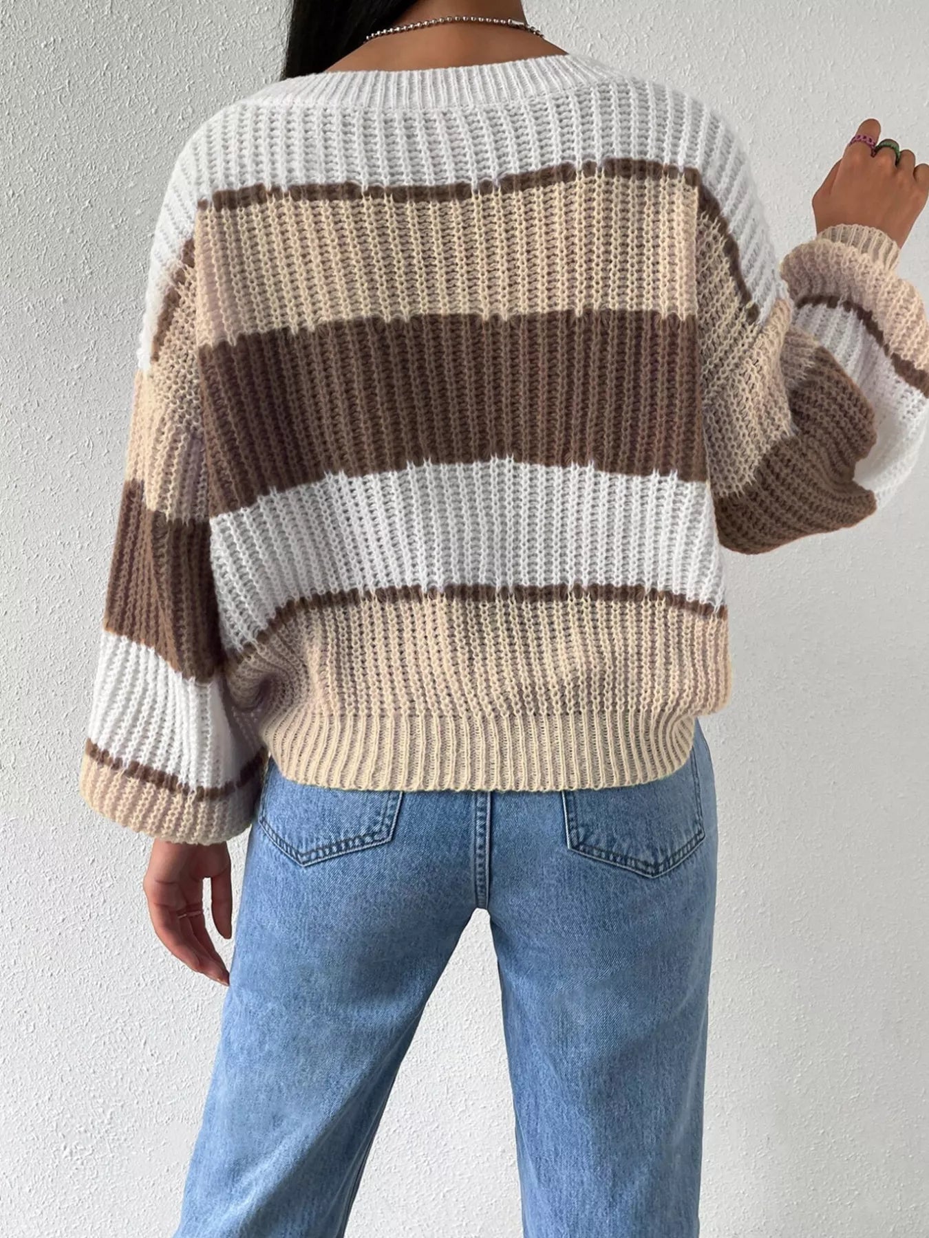 Striped Knit Round Neck Sweater - Flip Flop Dynasty