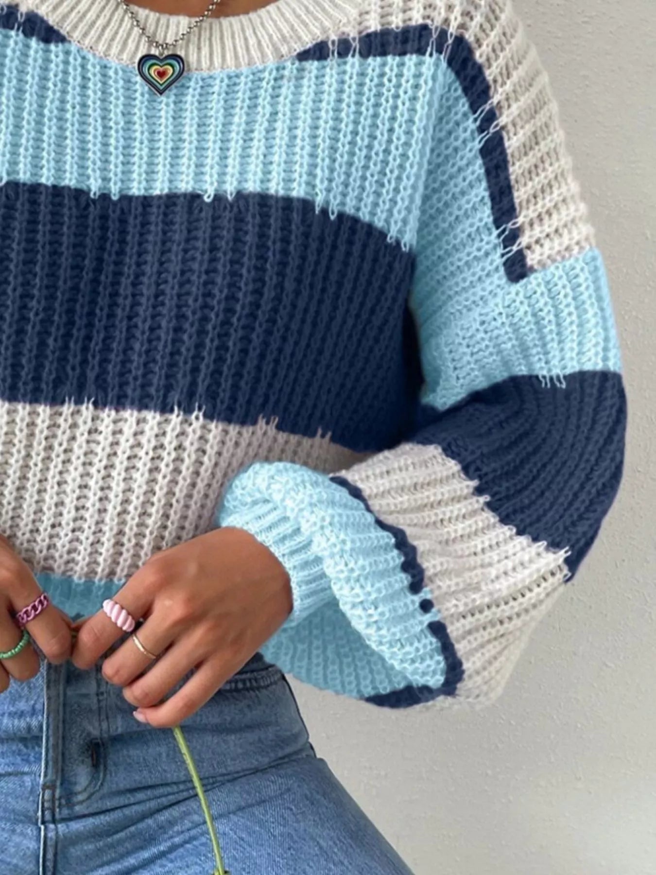 Striped Knit Round Neck Sweater - Flip Flop Dynasty