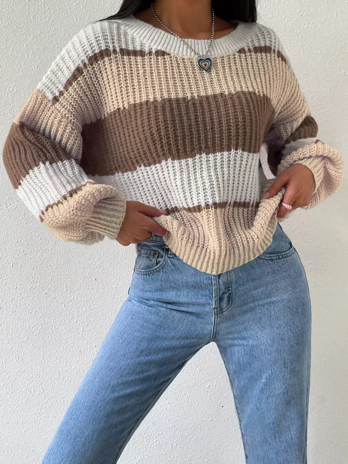 Striped Knit Round Neck Sweater - Flip Flop Dynasty