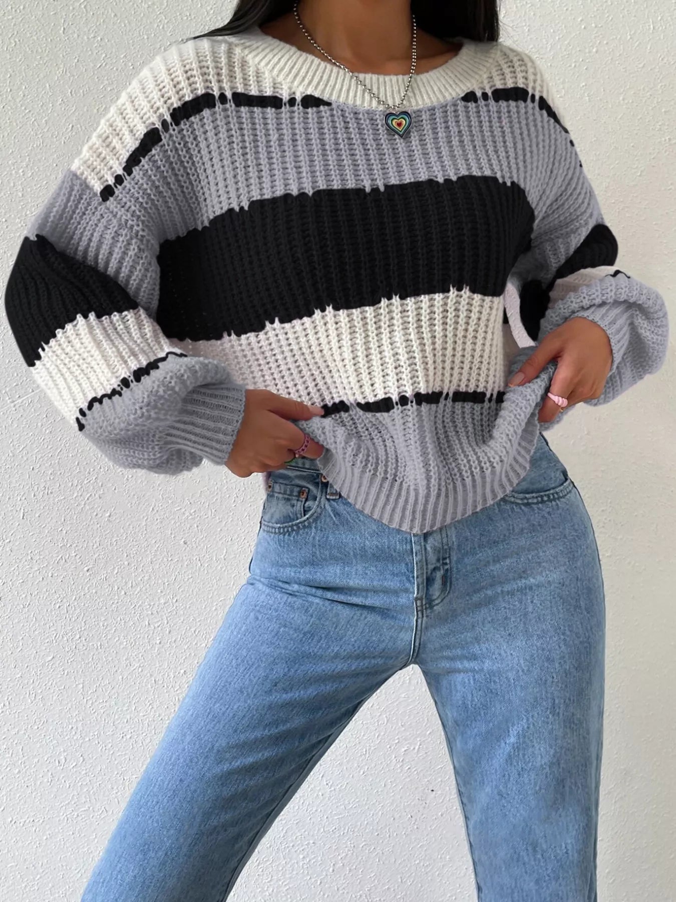 Striped Knit Round Neck Sweater - Flip Flop Dynasty