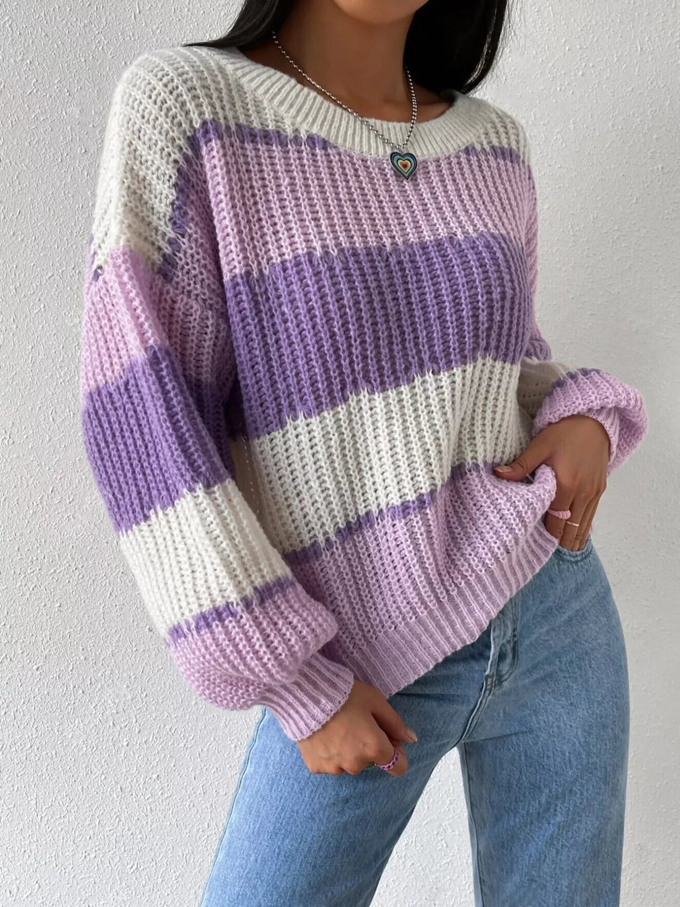 Striped Knit Round Neck Sweater - Flip Flop Dynasty