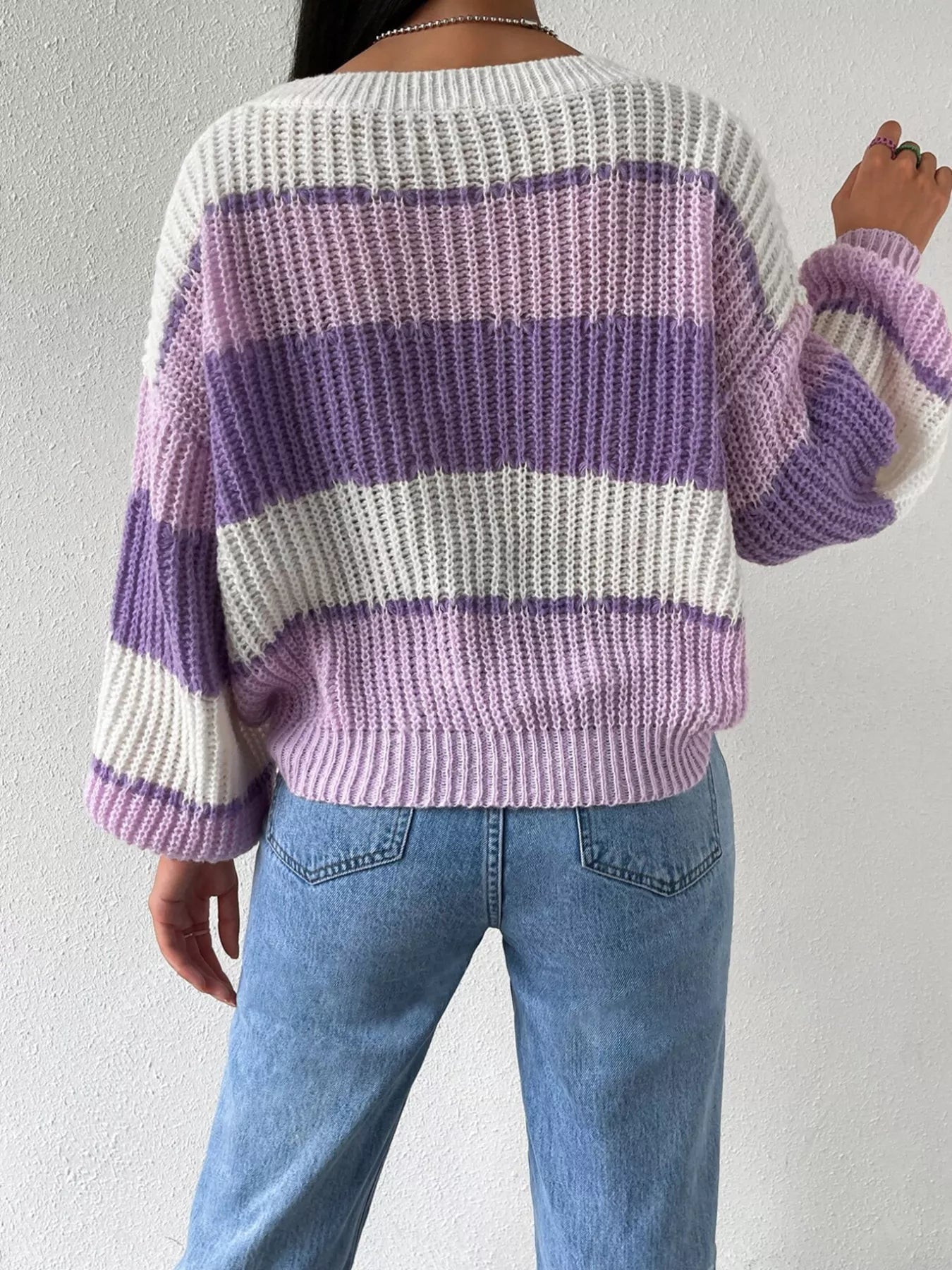 Striped Knit Round Neck Sweater - Flip Flop Dynasty