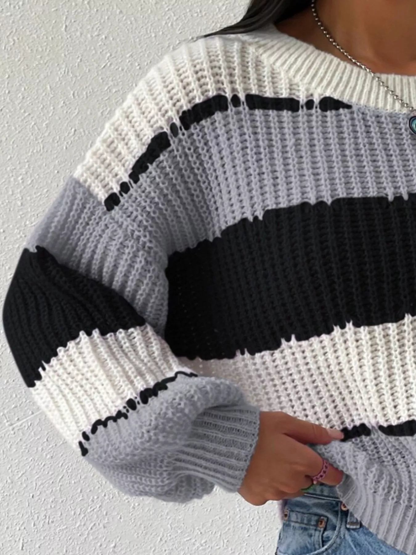 Striped Knit Round Neck Sweater - Flip Flop Dynasty