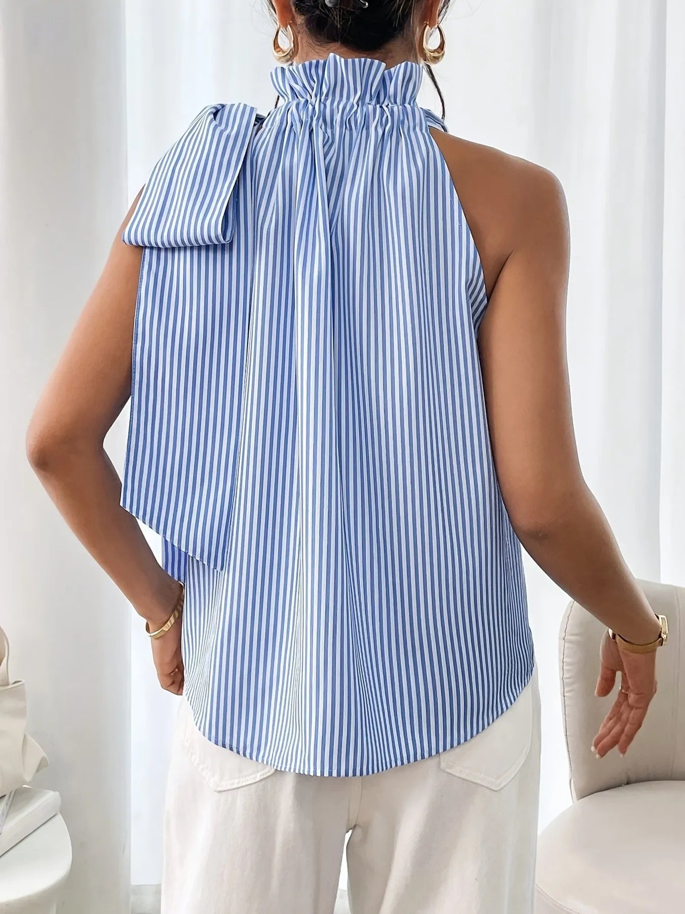 Striped Sleeveless Blouse with Bow Tie Detail - Flip Flop Dynasty