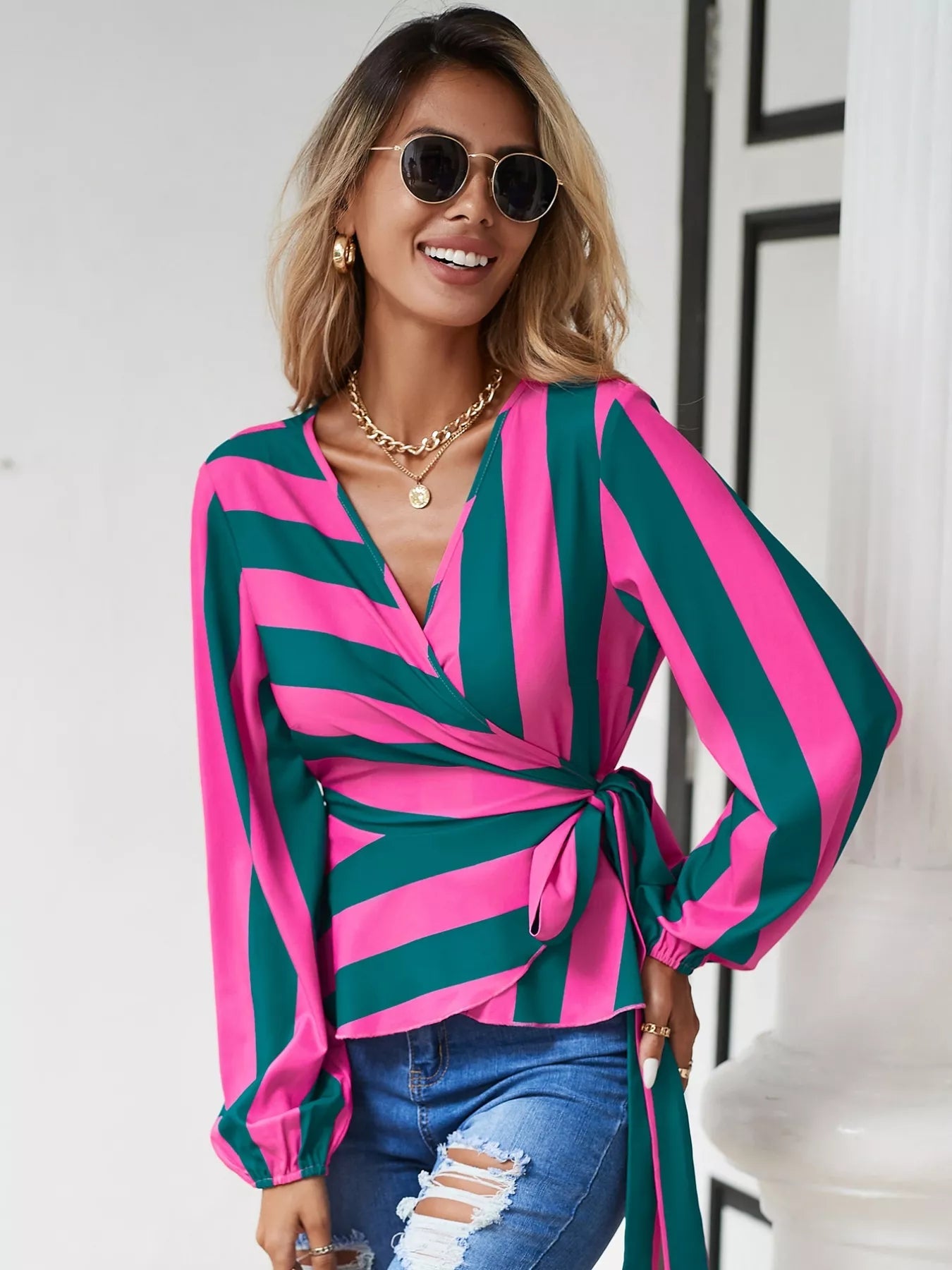 Striped Wrap Blouse with Tie Detail - Flip Flop Dynasty