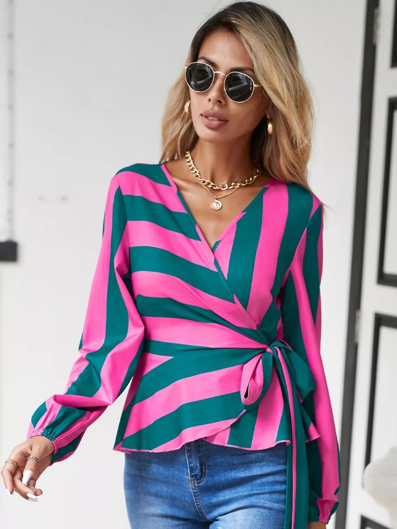 Striped Wrap Blouse with Tie Detail - Flip Flop Dynasty