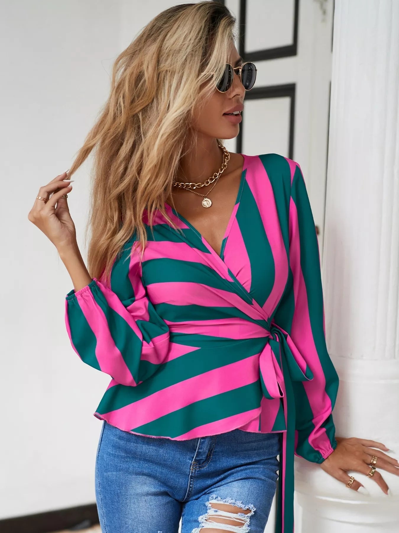 Striped Wrap Blouse with Tie Detail - Flip Flop Dynasty