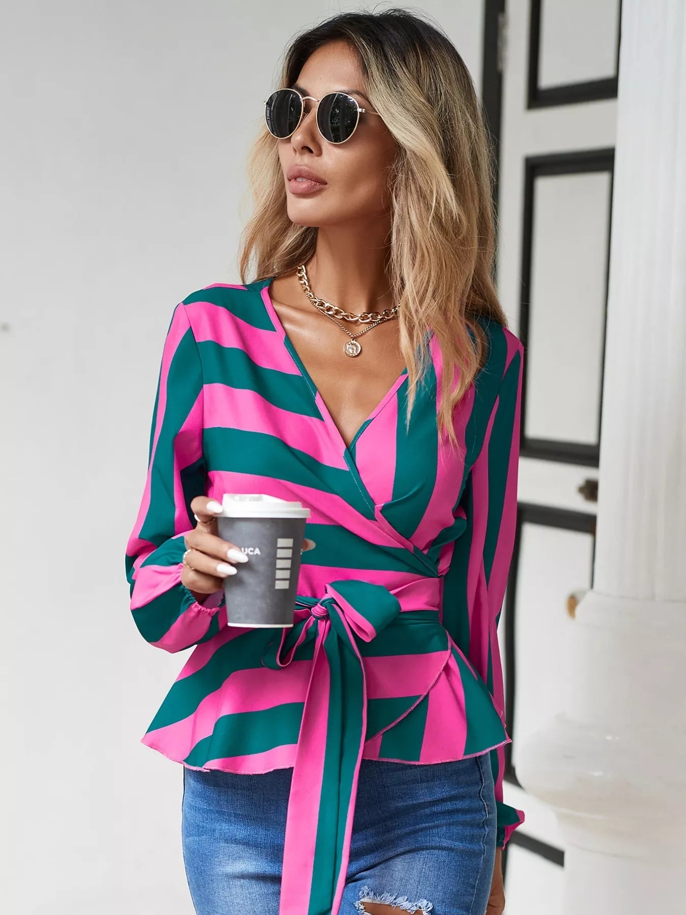 Striped Wrap Blouse with Tie Detail - Flip Flop Dynasty
