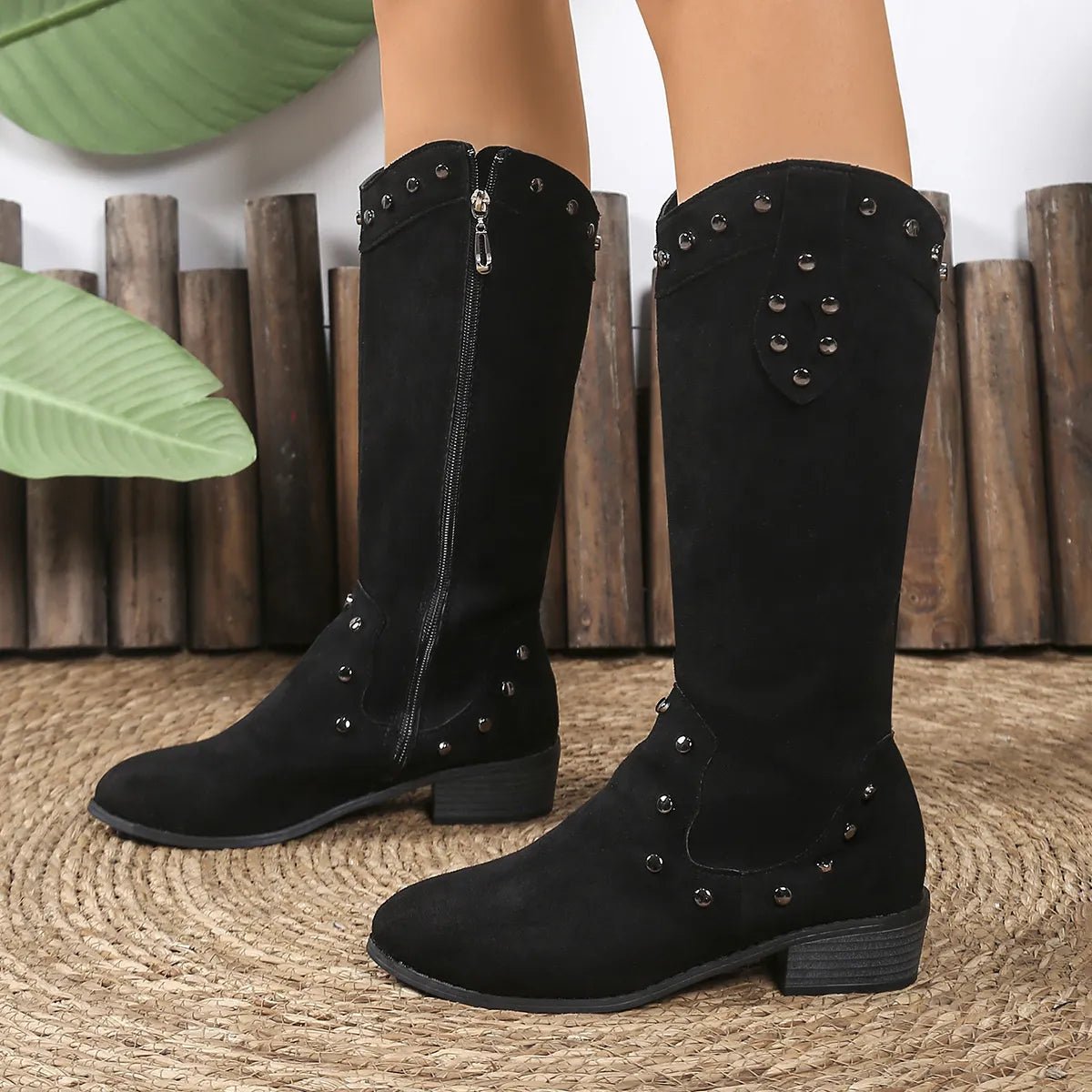 Studded Mid - Calf Boots with Side Zipper Closure - Flip Flop Dynasty