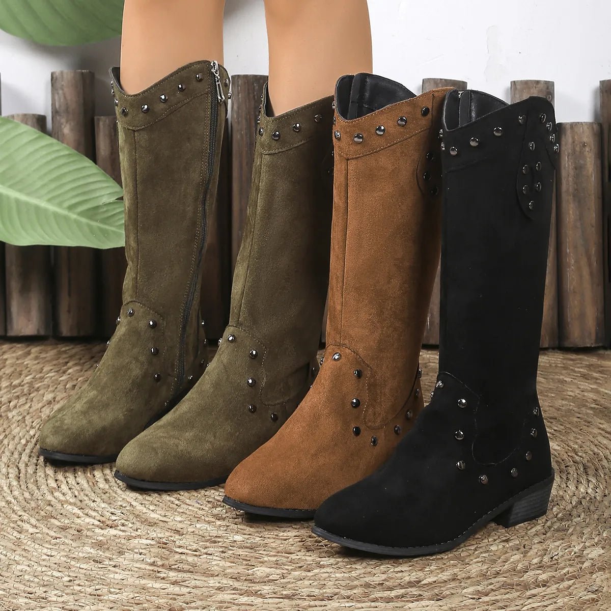 Studded Mid - Calf Boots with Side Zipper Closure - Flip Flop Dynasty