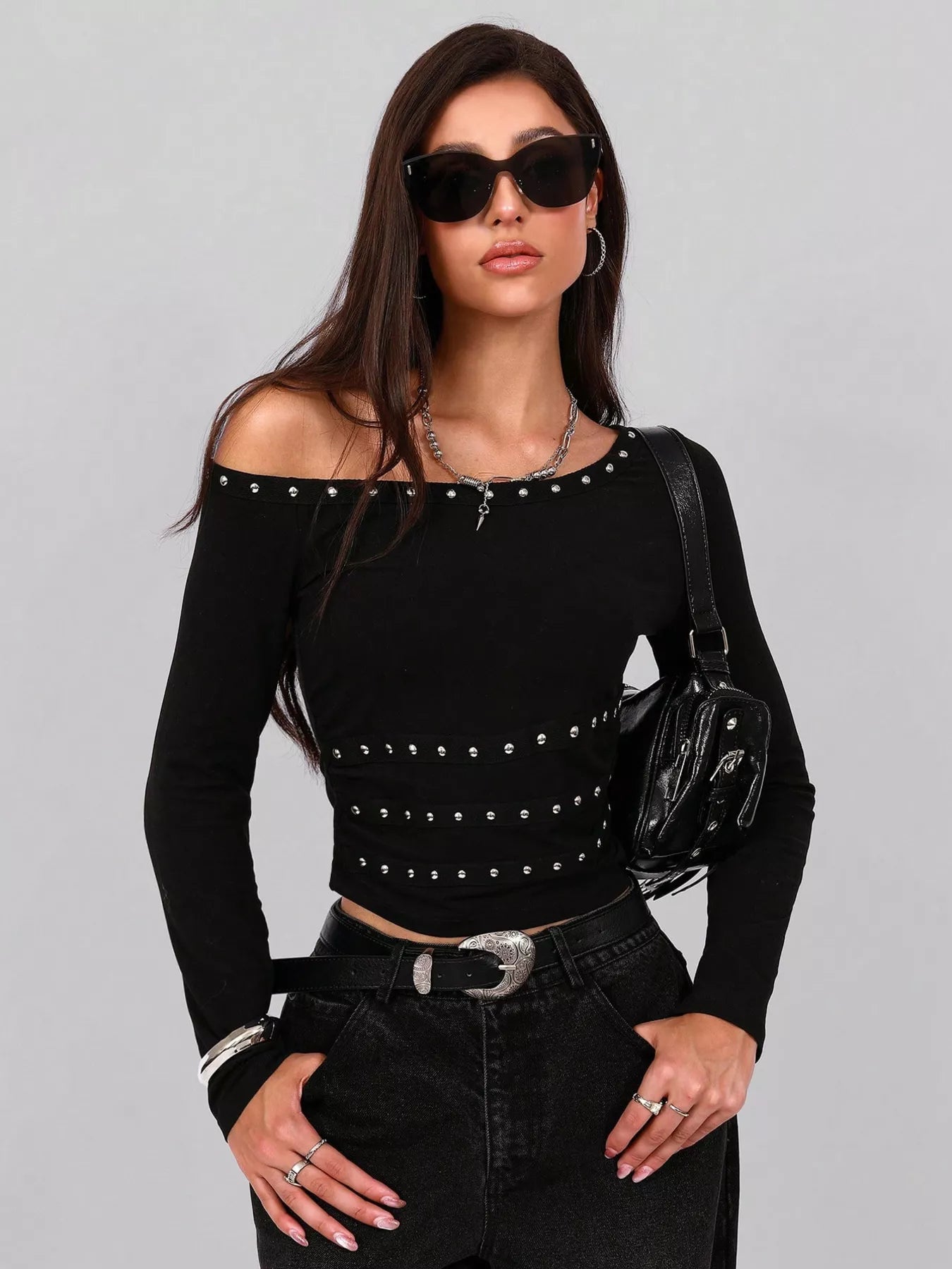 Studded One Shoulder Long Sleeve T-Shirt - Flip Flop Dynasty