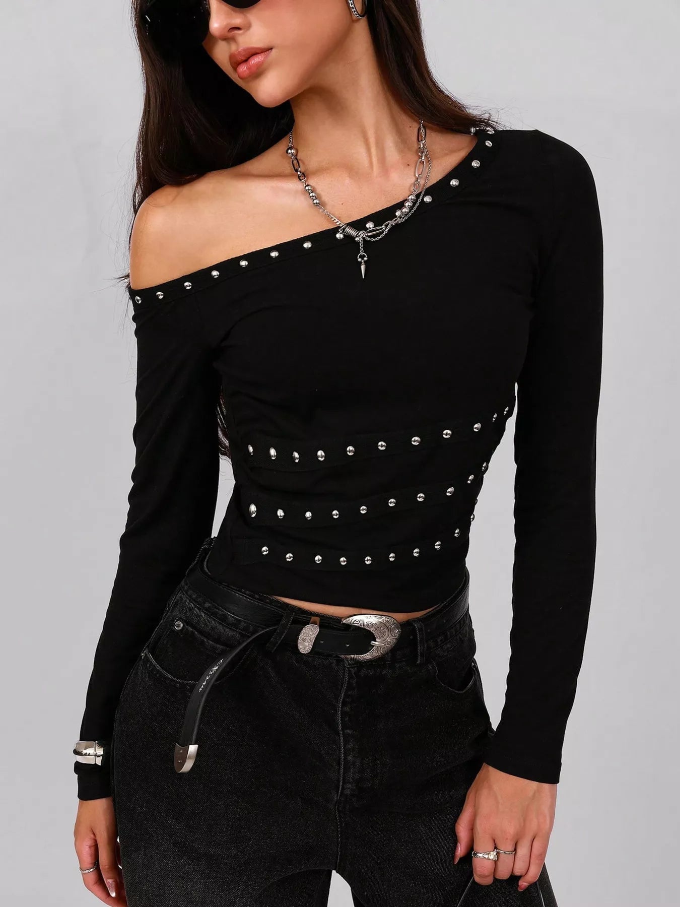Studded One Shoulder Long Sleeve T-Shirt - Flip Flop Dynasty
