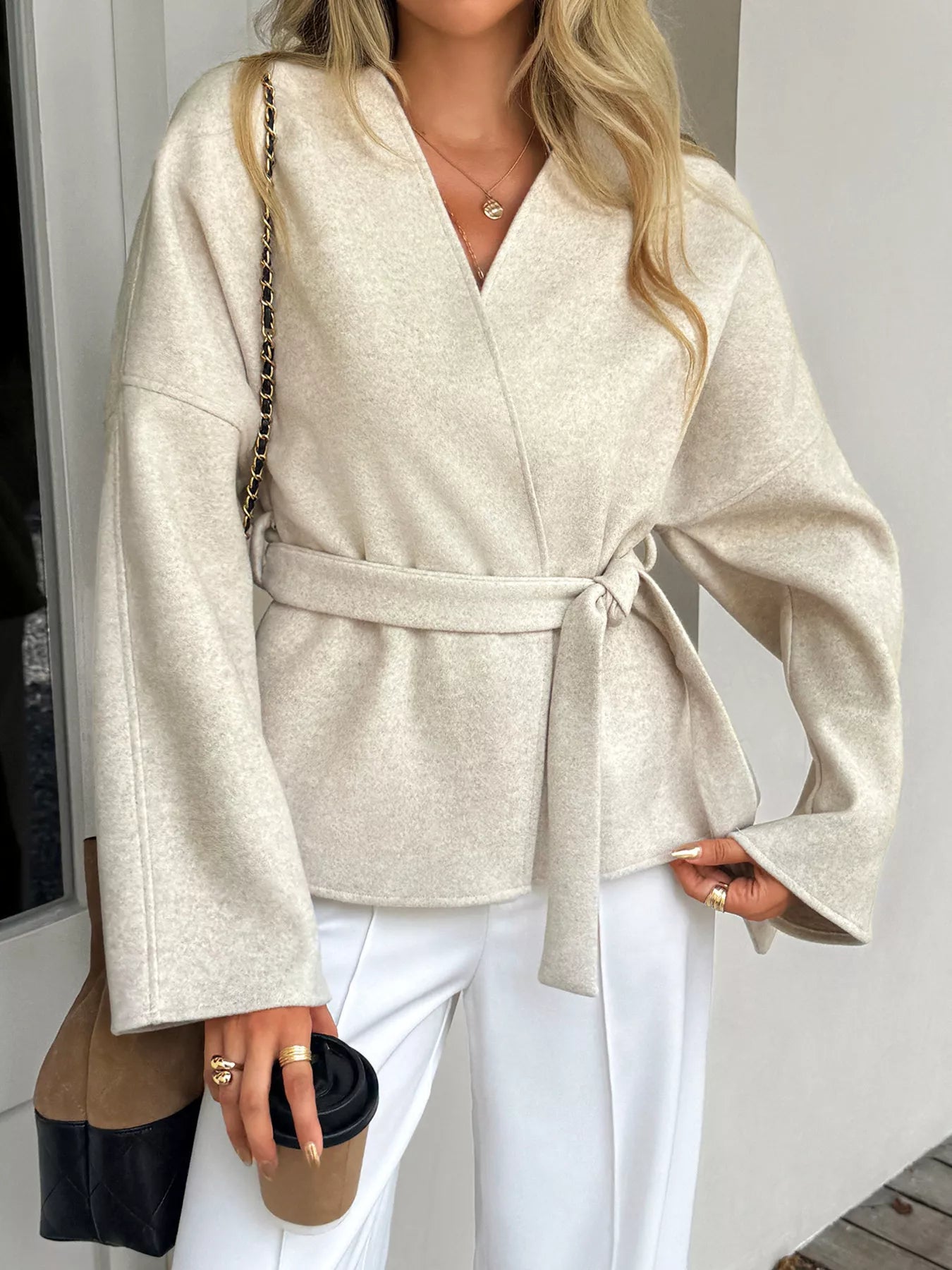 Surplice Dropped Shoulder Tie Belt Outerwear - Flip Flop Dynasty